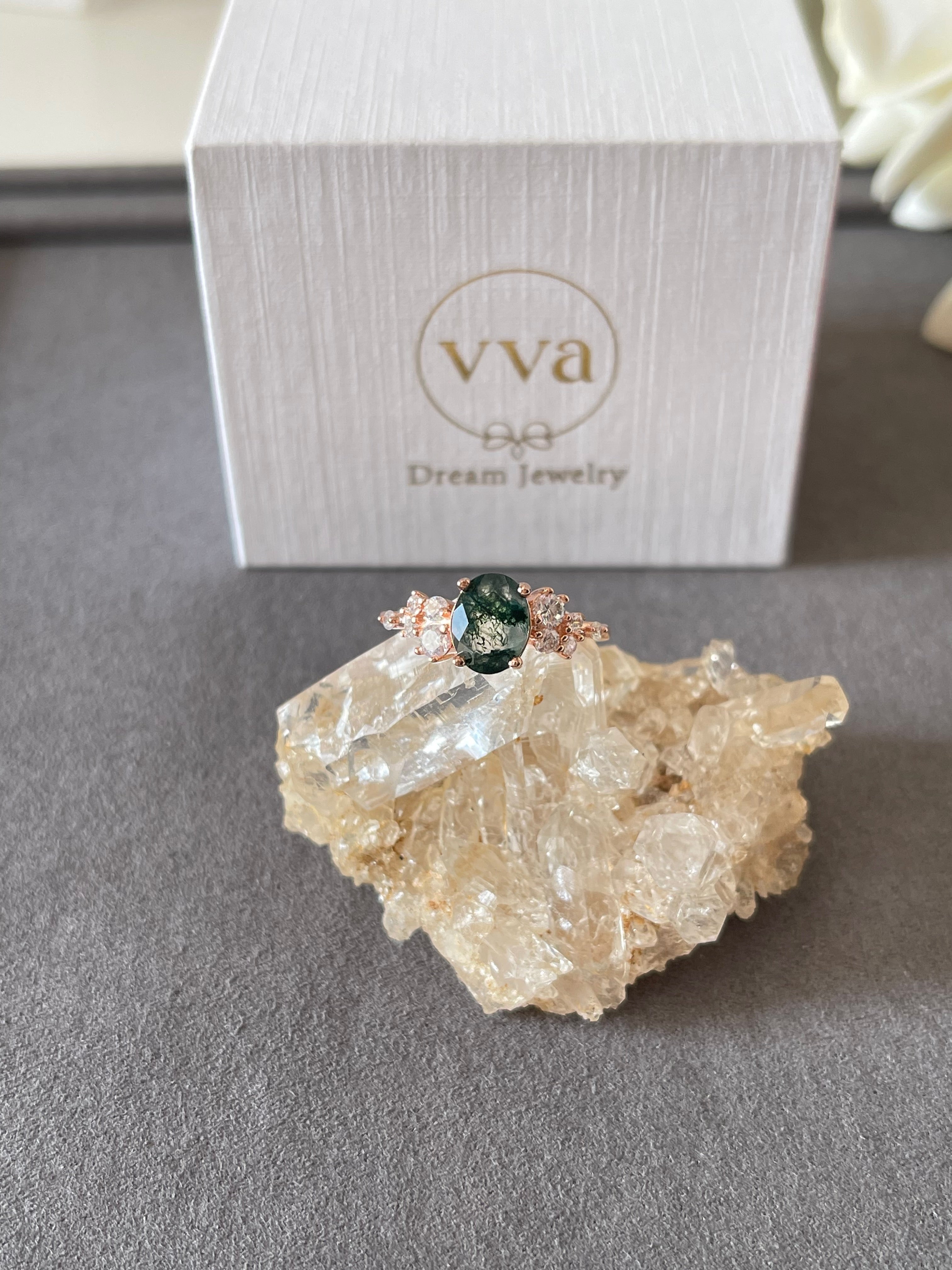 【Sylvan Halo】Bague de fiançailles unique, faite main, en agate mousse naturelle de 1,5 ct, forme ovale