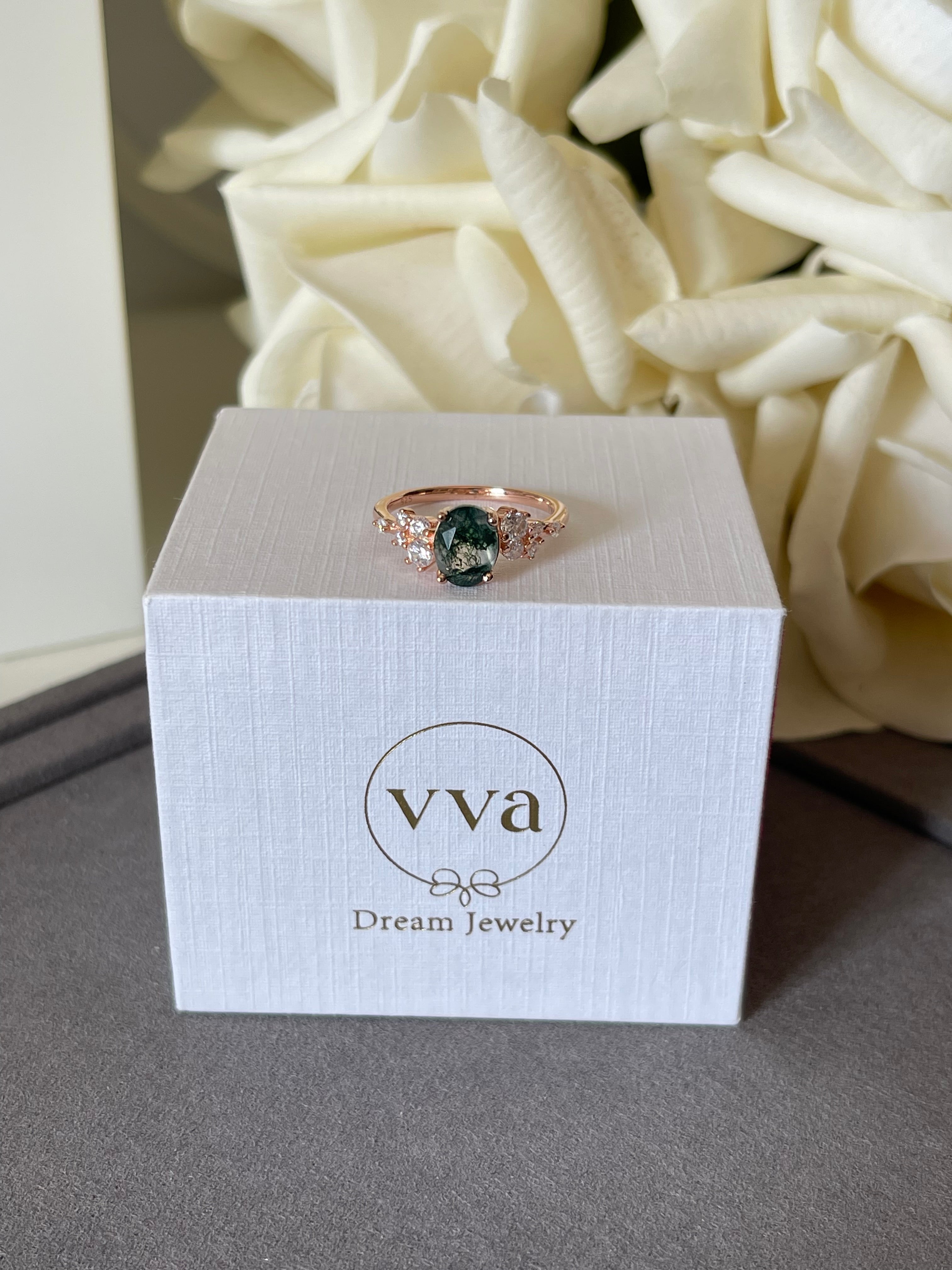 【Sylvan Halo】Unique Handmade Natural Moss Agate Engagement Ring 1.5ct Oval Shape