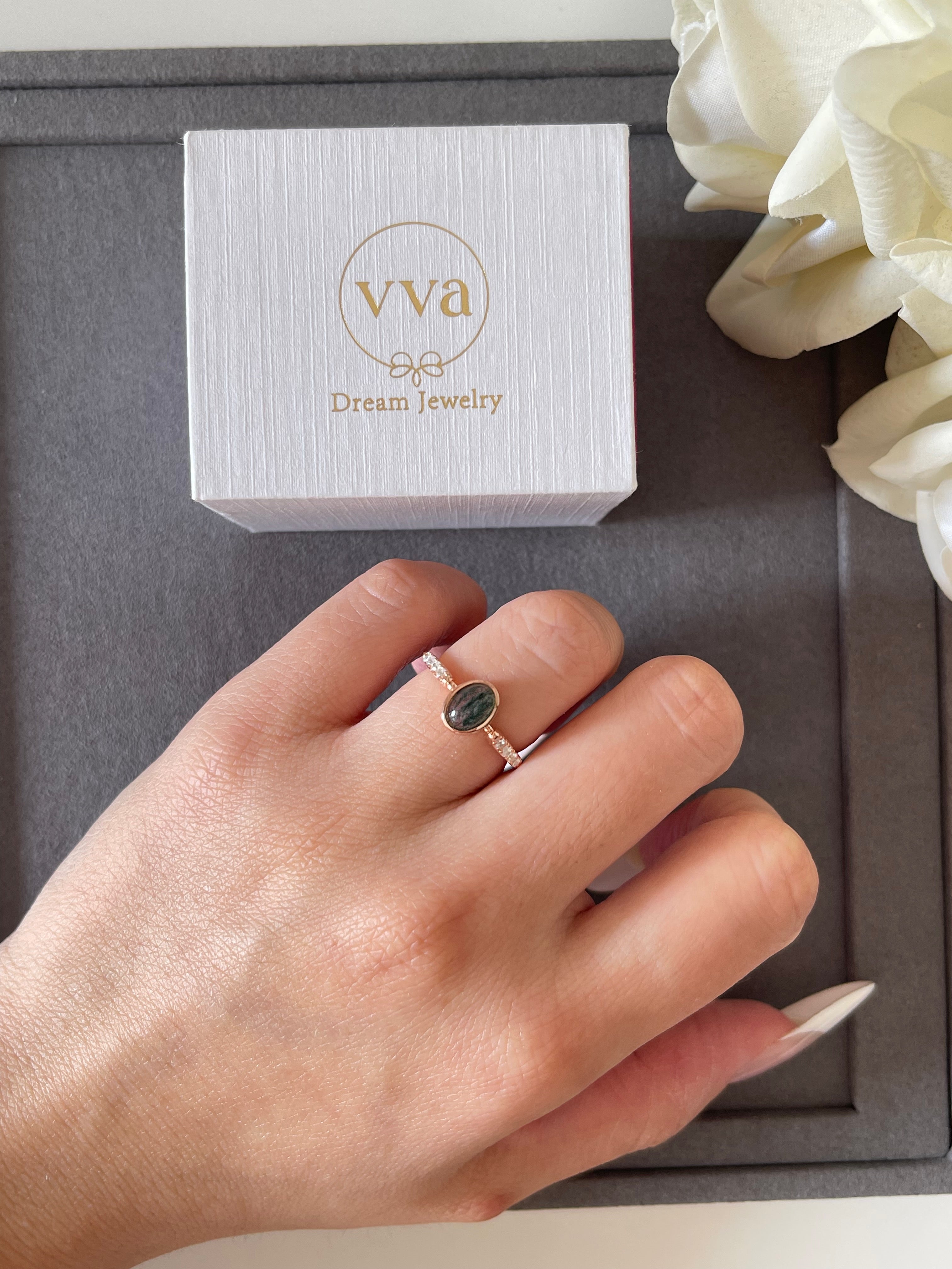 【Mossward】Bague de fiançailles unique en agate mousse naturelle faite à la main, de forme ovale, 0,8 ct