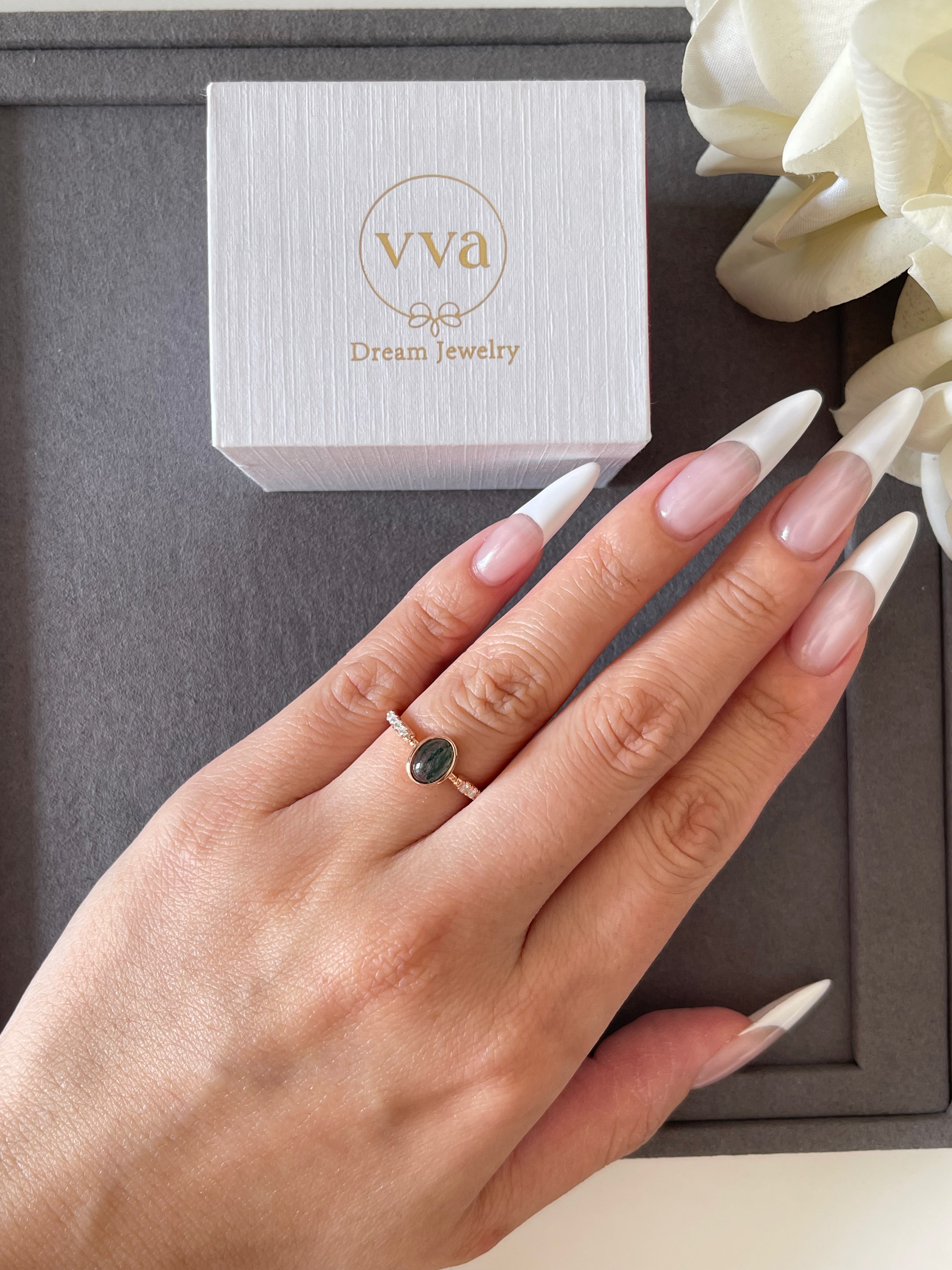 【Mossward】Bague de fiançailles unique en agate mousse naturelle faite à la main, de forme ovale, 0,8 ct