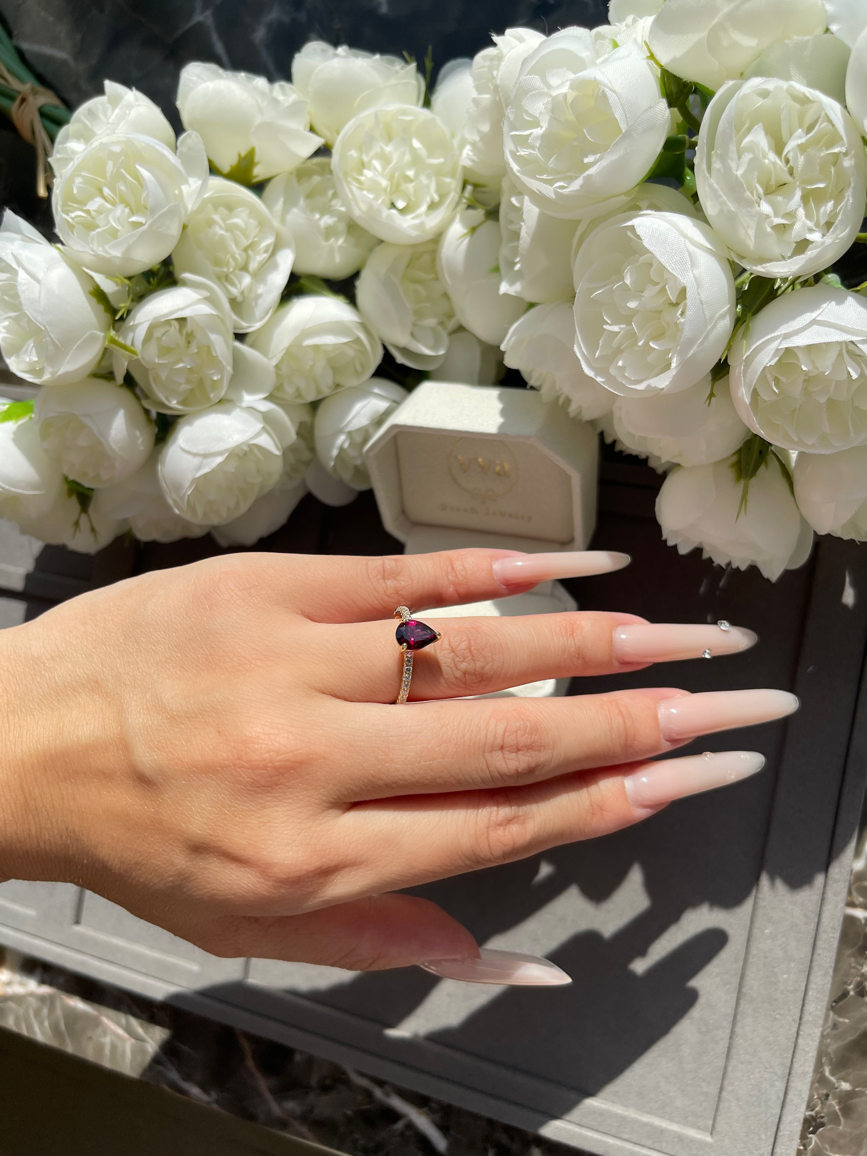 【Rubellite Cascade】Unique Handmade Natural Rhodolite Garnet Engagement Ring 0.8ct Pear Shape