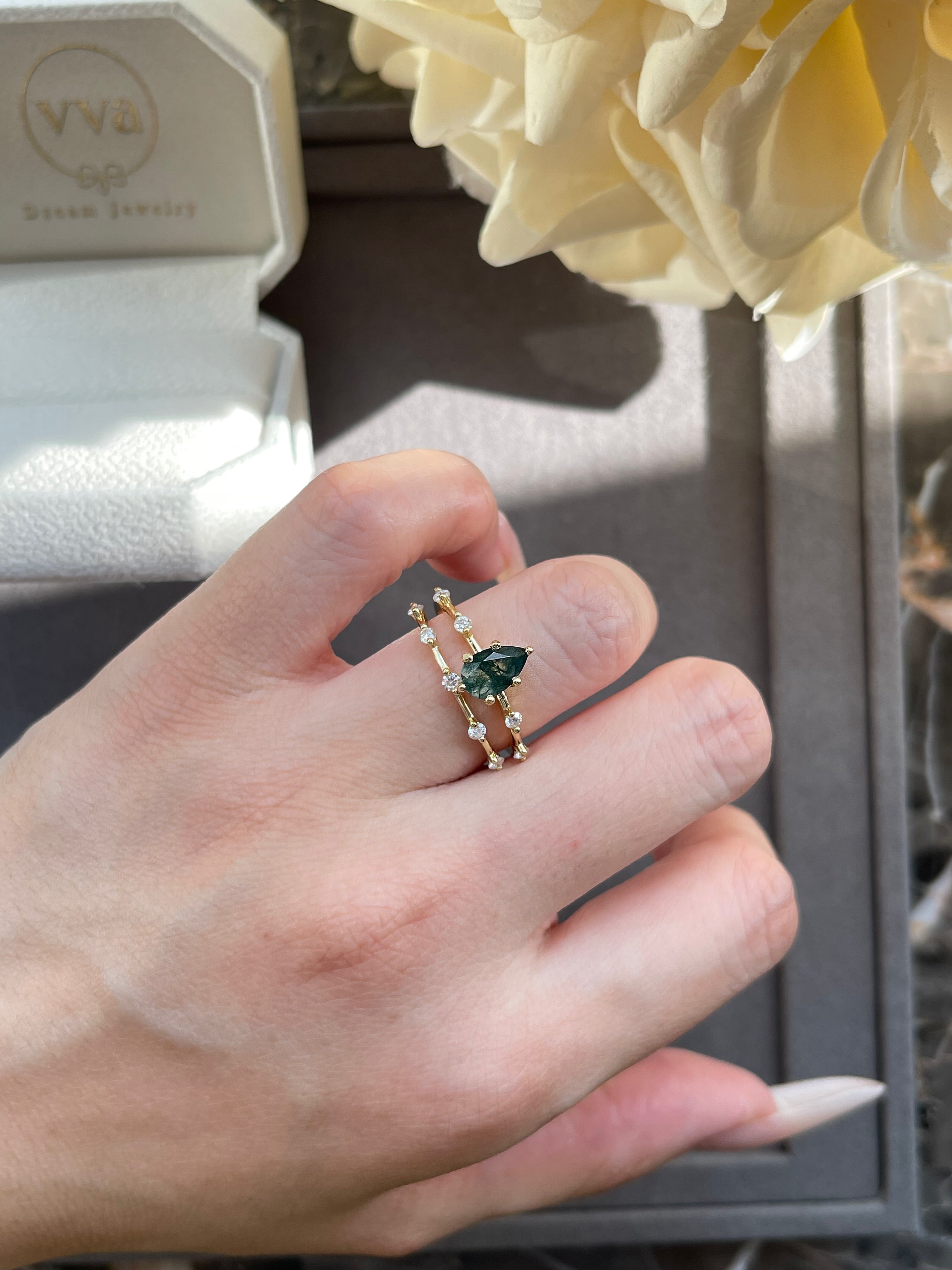 【Verdent Promise】Ensemble de 2 bagues de fiançailles uniques, faites à la main, en agate mousse naturelle de 0,75 ct, forme poire