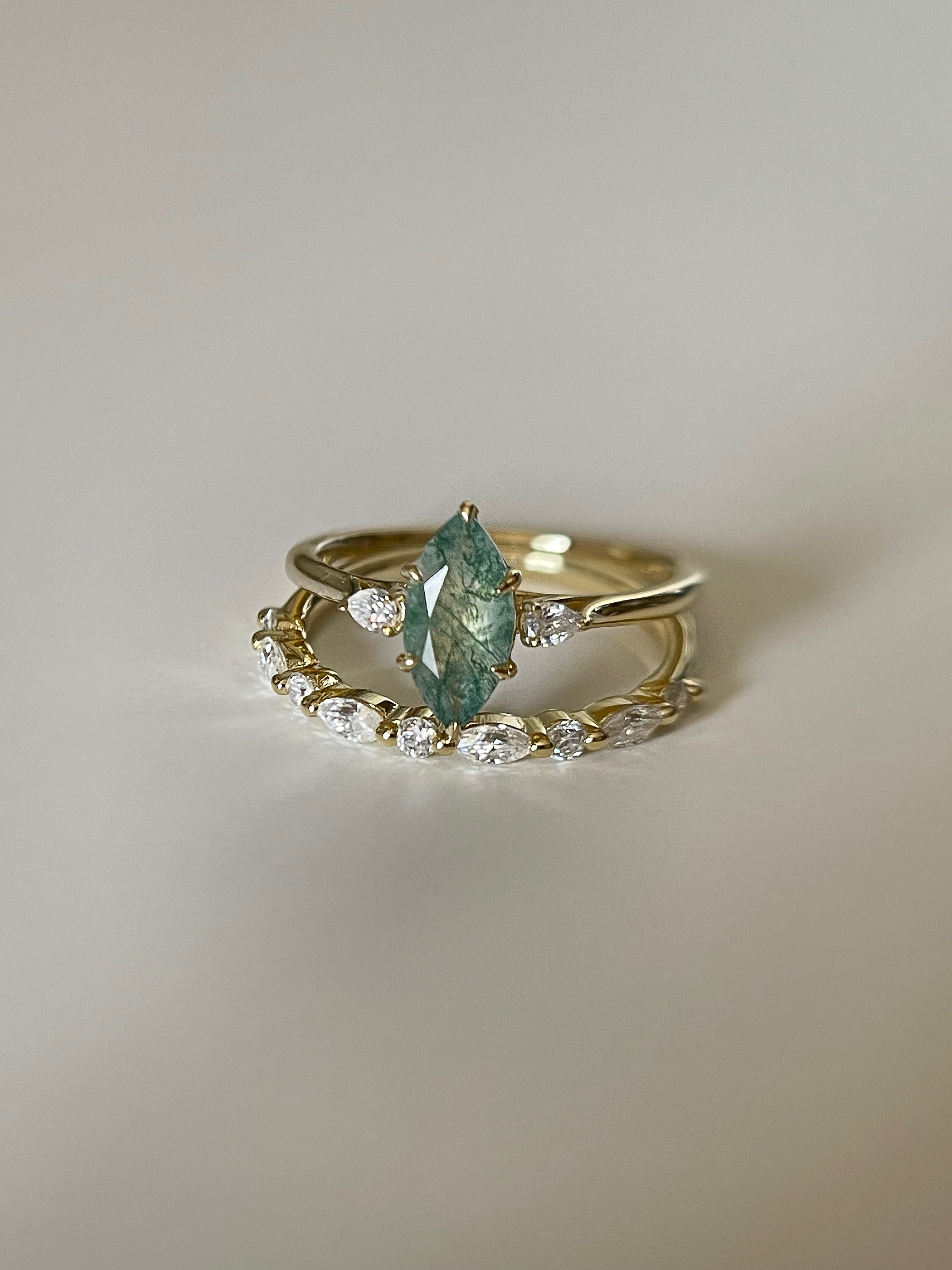 【Cordelia】Unique Handmade Natural Moss Agate Engagement Ring Set 2pcs 1ct Marquise Cut