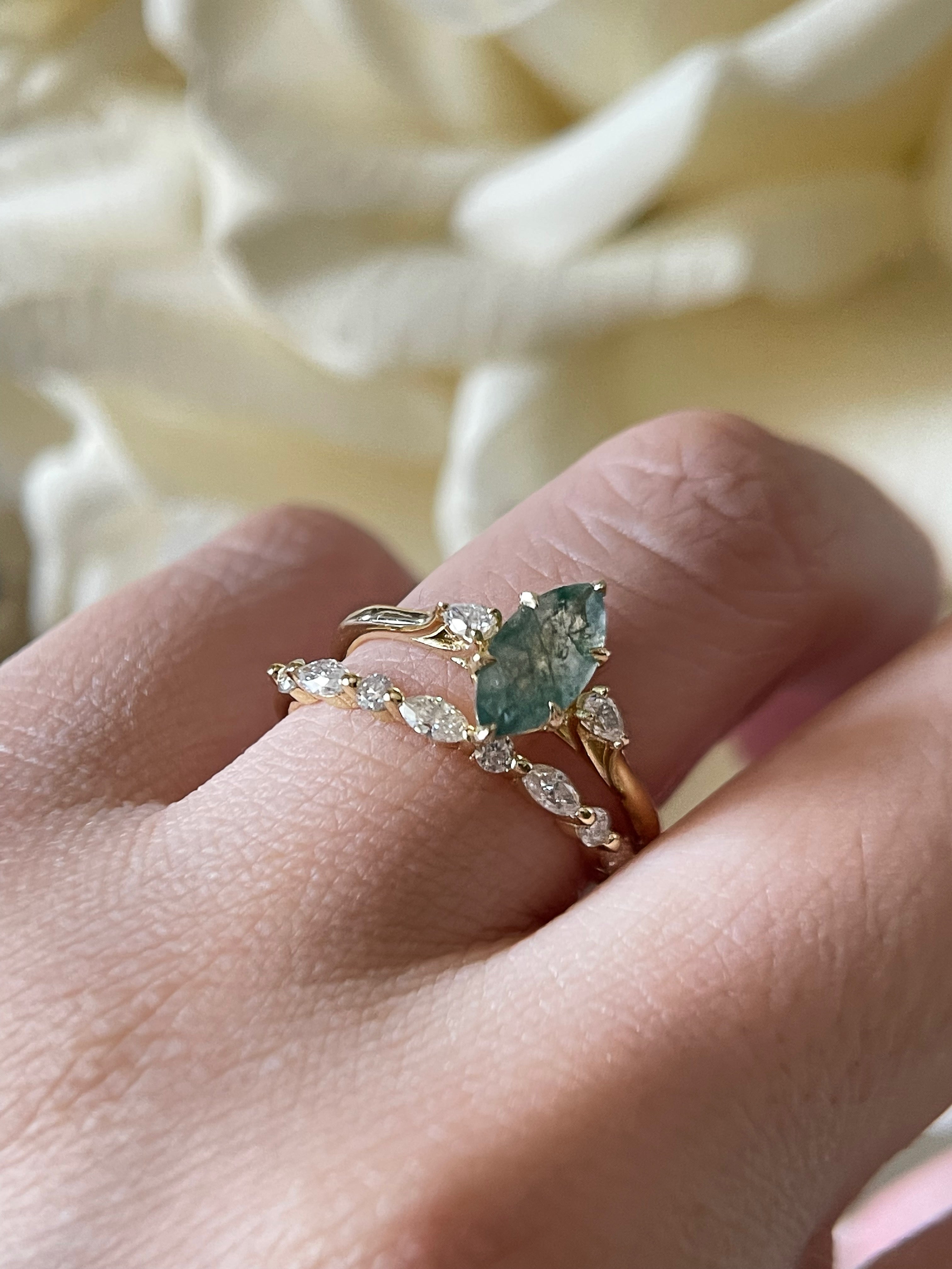 【Cordelia】Unique Handmade Natural Moss Agate Engagement Ring Set 2pcs 1ct Marquise Shape