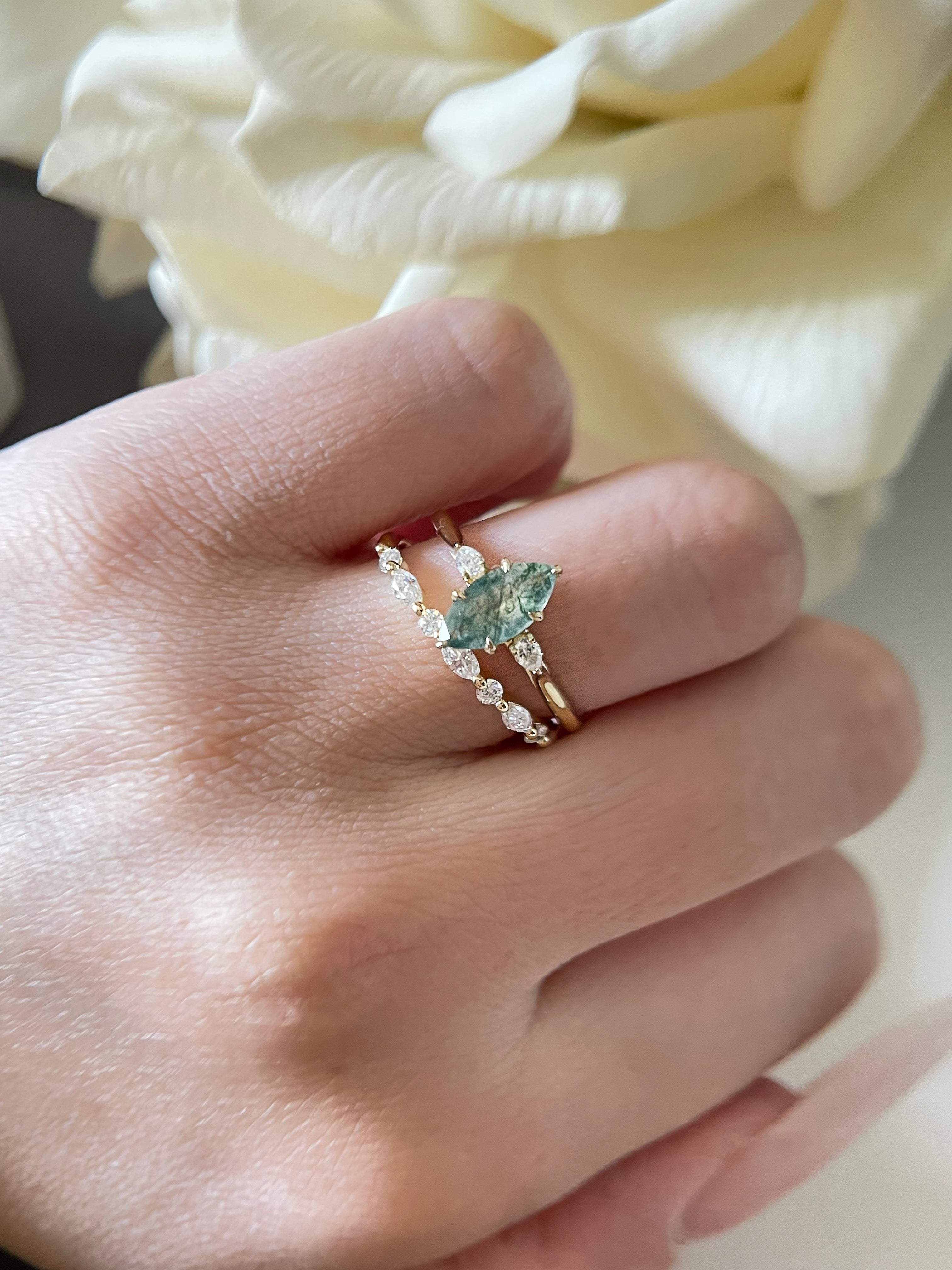 【Cordelia】Unique Handmade Natural Moss Agate Engagement Ring Set 2pcs 1ct Marquise Cut