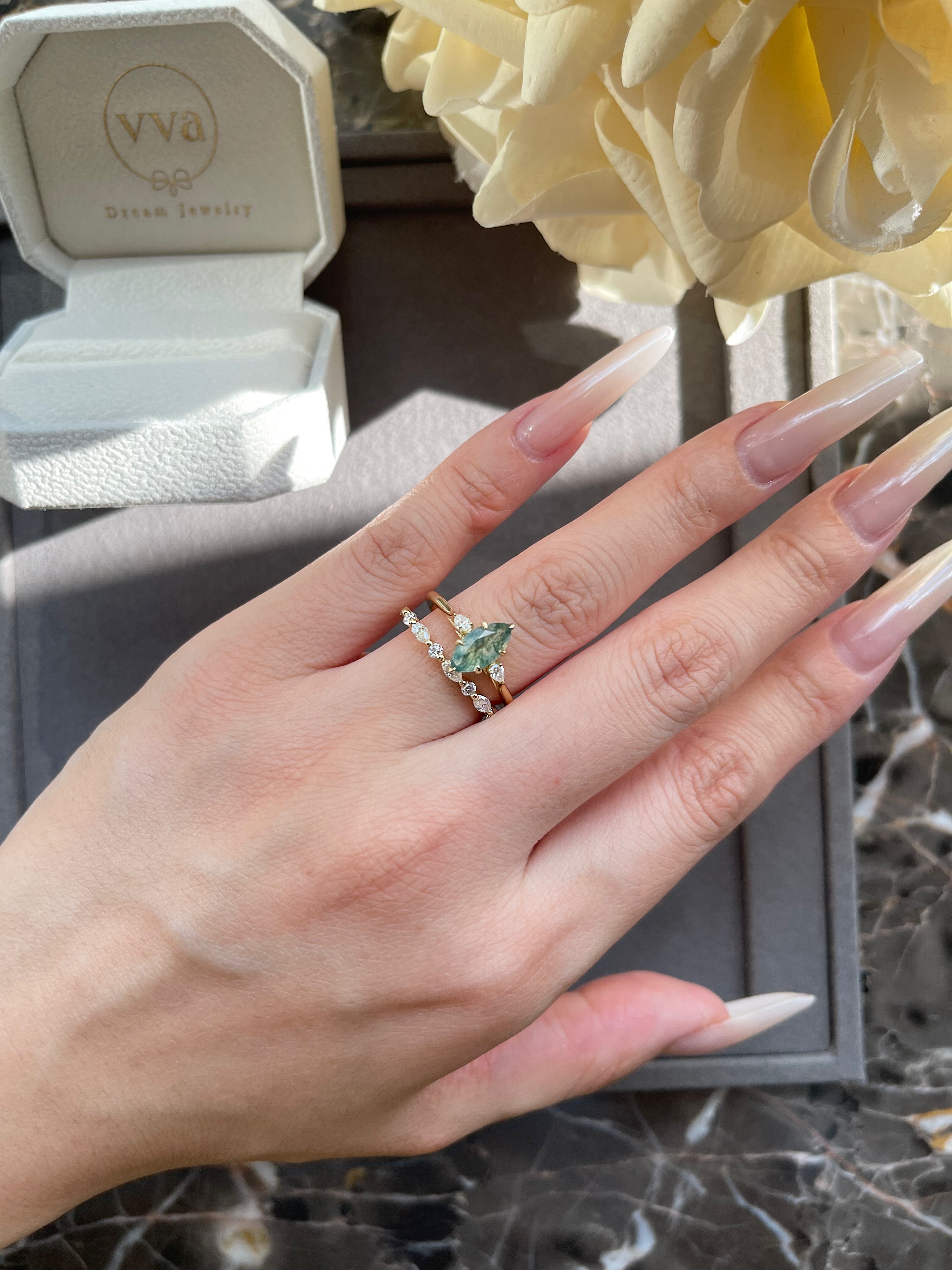【Cordelia】Unique Handmade Natural Moss Agate Engagement Ring Set 2pcs 1ct Marquise Cut