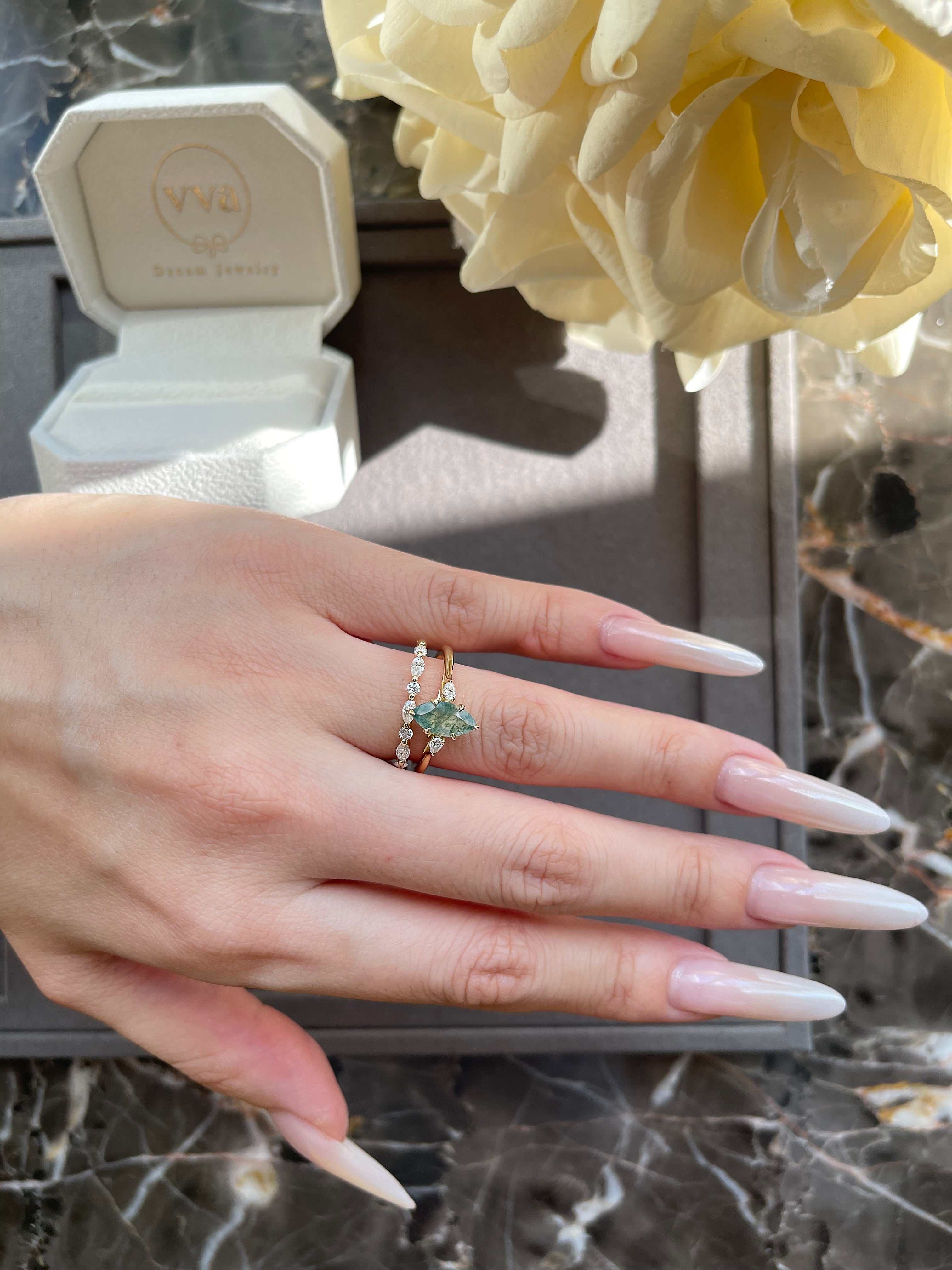 【Cordelia】Unique Handmade Natural Moss Agate Engagement Ring Set 2pcs 1ct Marquise Cut