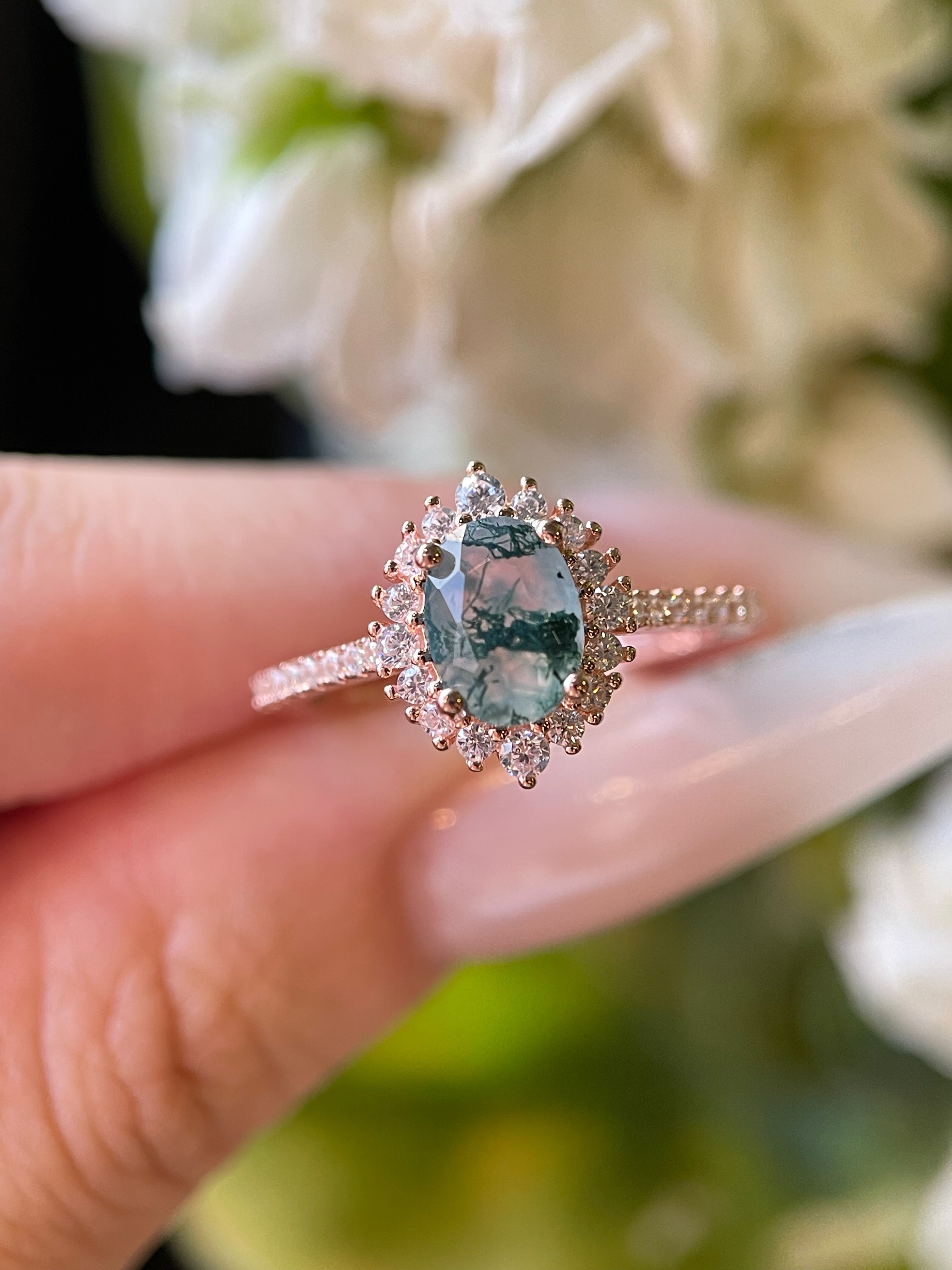 【Solara】Unique Handmade Natural Moss Agate Engagement Ring 1.5ct Oval Cut