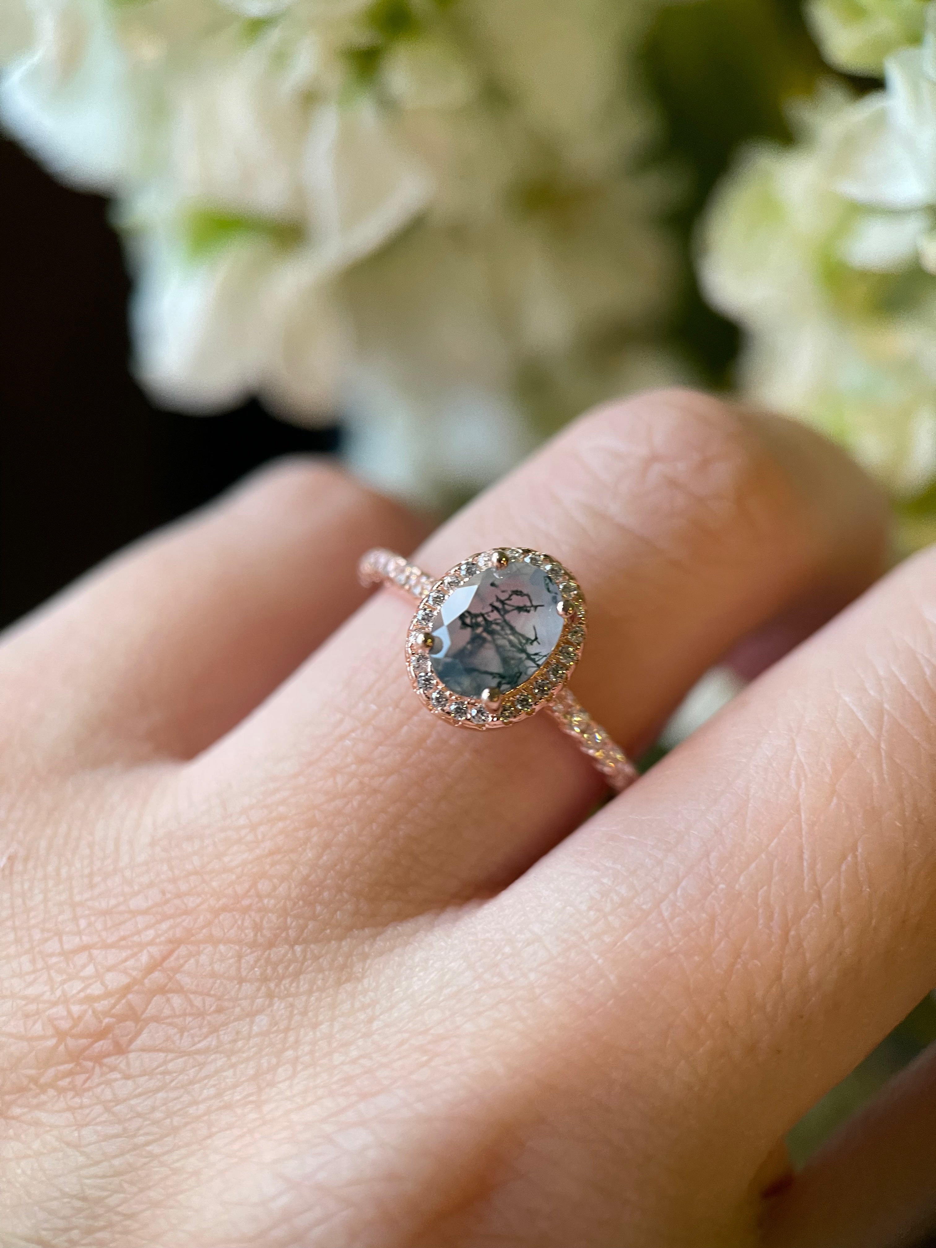 【Bosquet Enchanté】Bague de fiançailles unique en agate mousse naturelle faite à la main, 1,5 ct, forme ovale