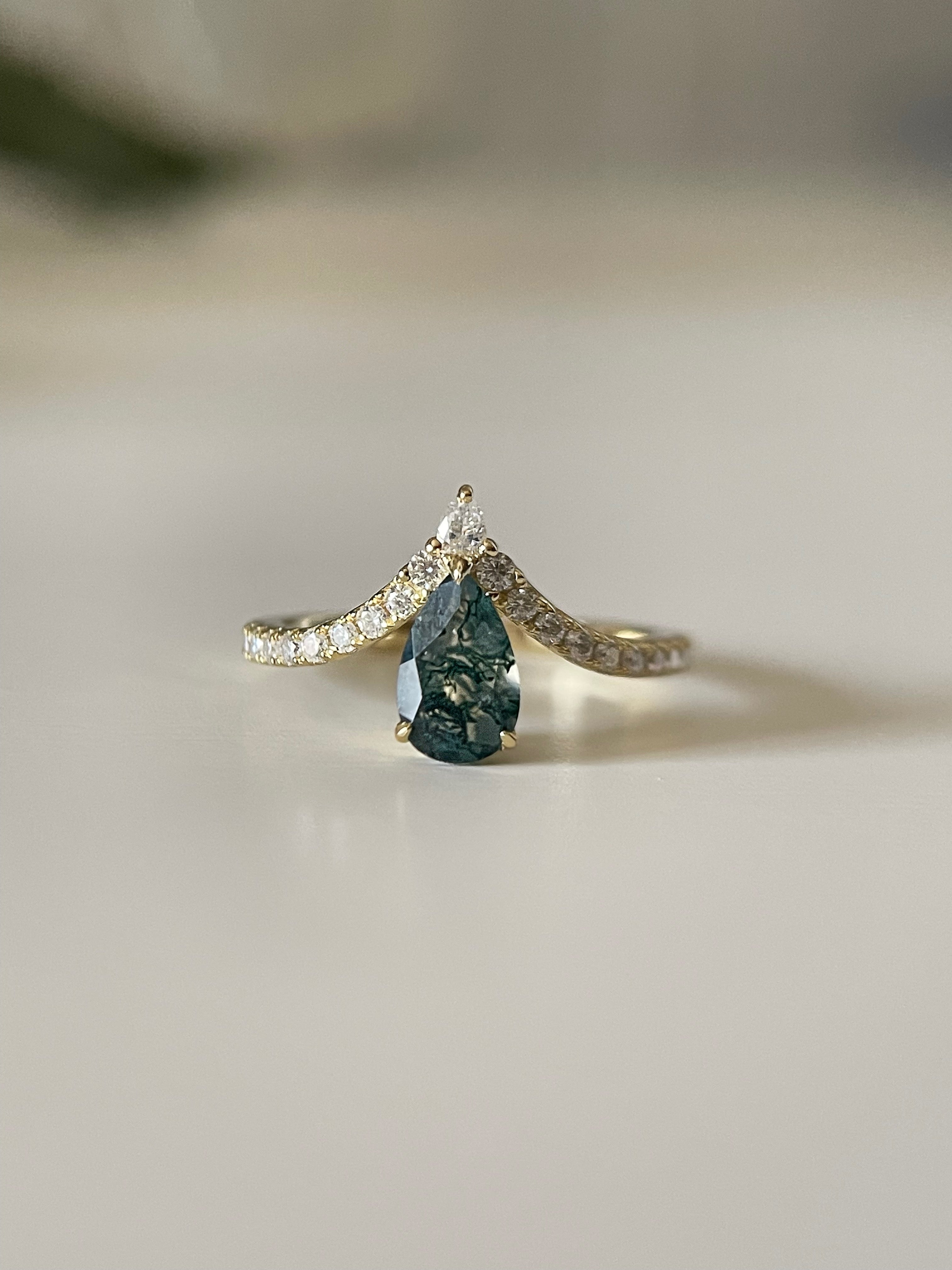 【Mossgard】Ensemble de 2 bagues de fiançailles uniques en agate mousse naturelle, faites à la main, 0,7 ct, forme poire