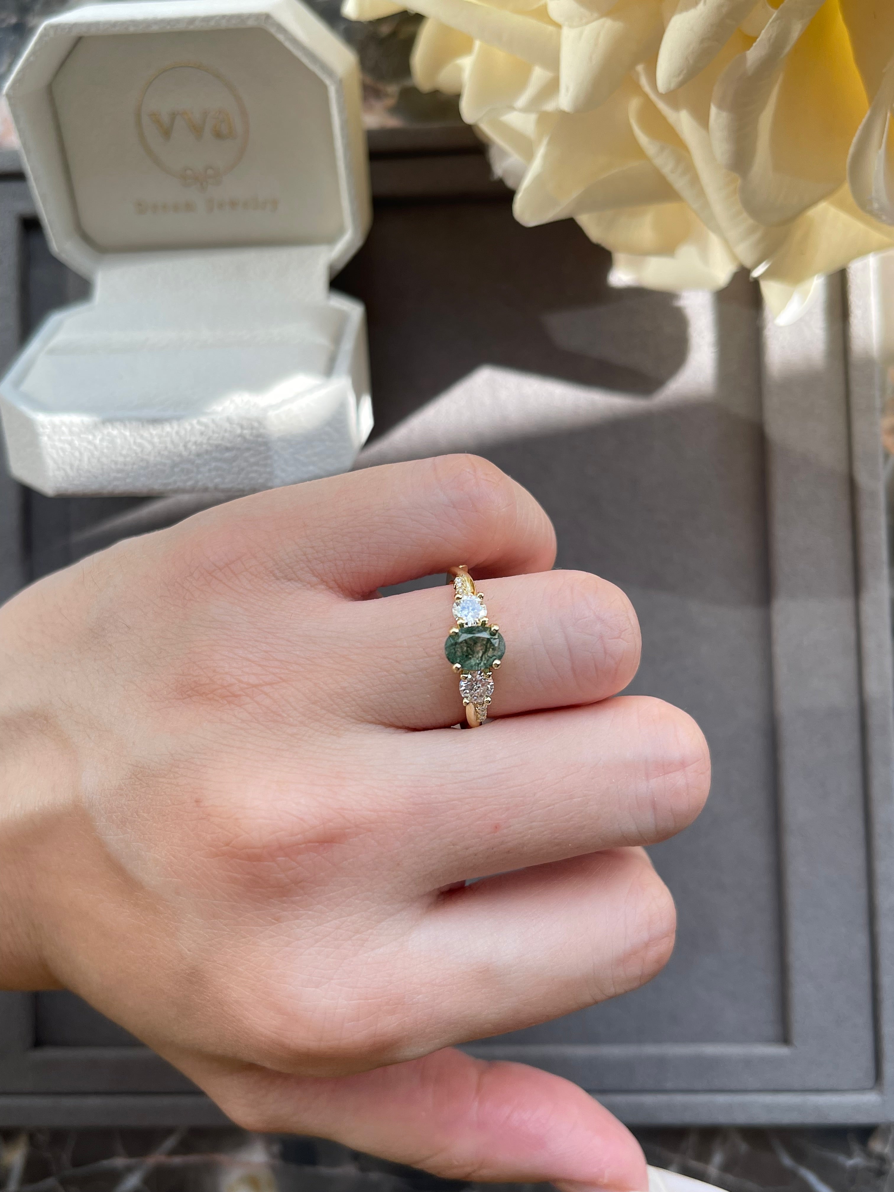 【Veritas】Ensemble de 2 bagues de fiançailles uniques, faites à la main, en agate mousse naturelle de 0,75 ct, forme ovale