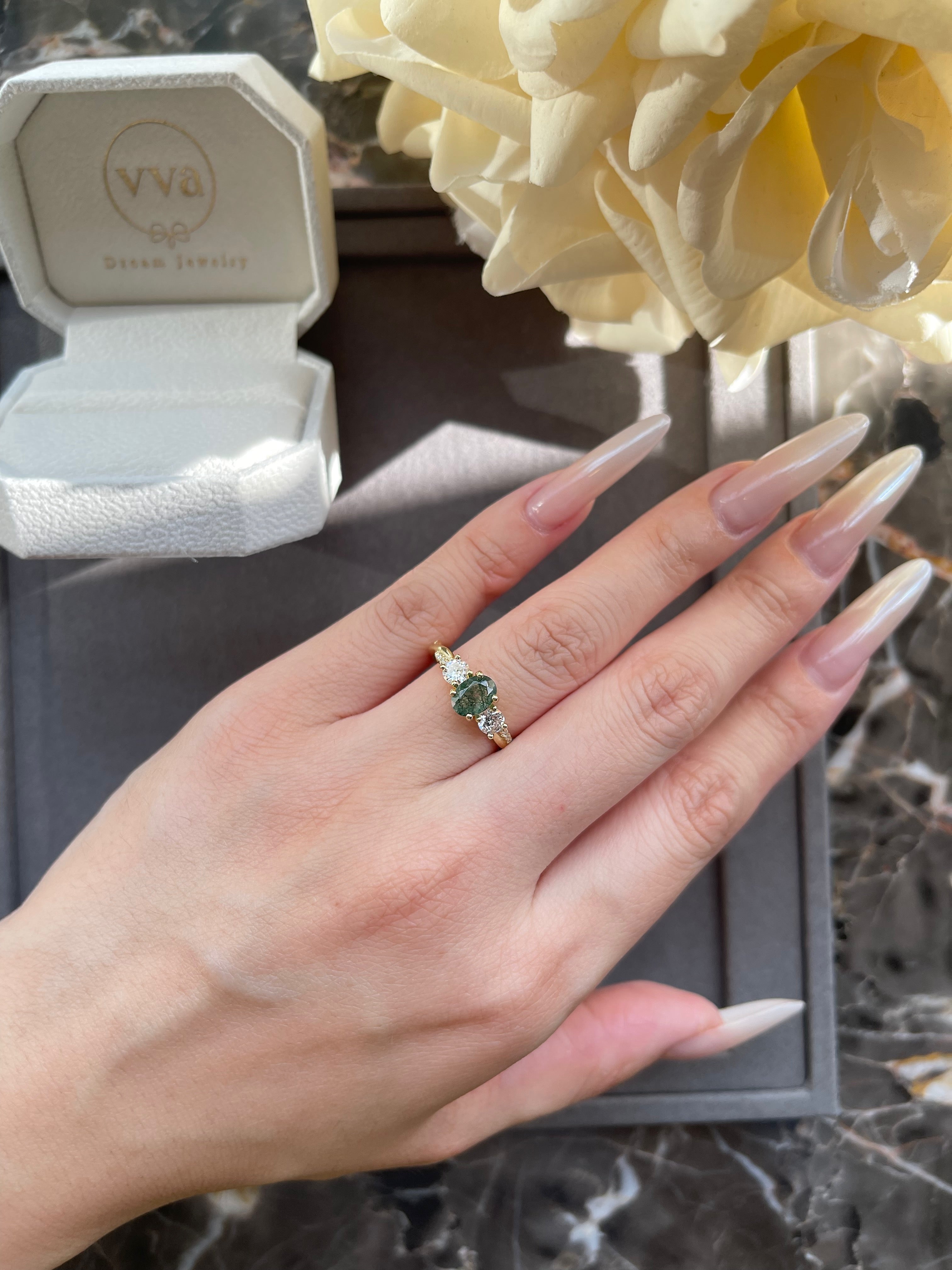 【Veritas】Unique Handmade Natural Moss Agate Engagement Ring Set 2pcs 0.75ct Oval Shape