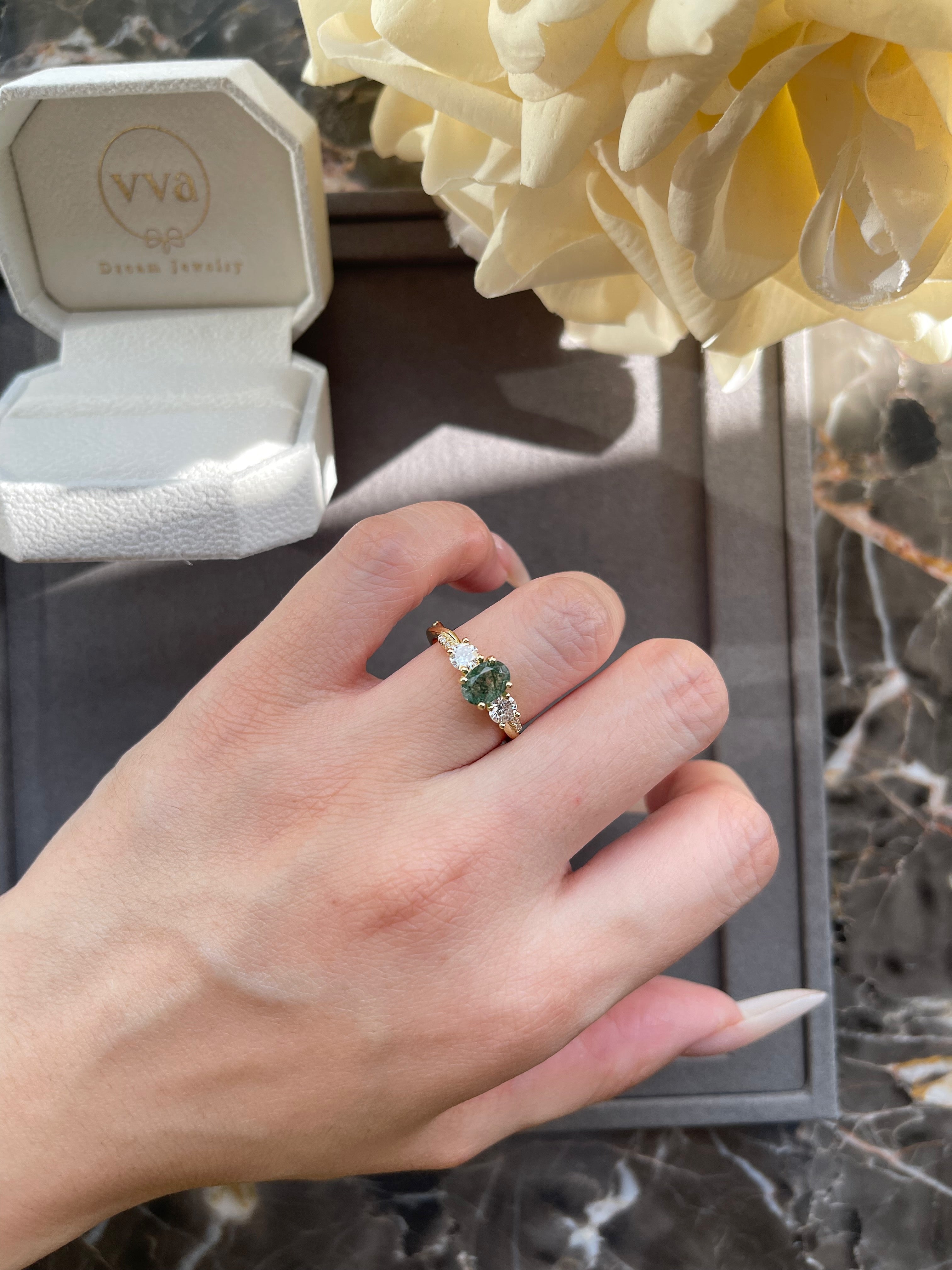 【Veritas】Ensemble de 2 bagues de fiançailles uniques, faites à la main, en agate mousse naturelle de 0,75 ct, forme ovale