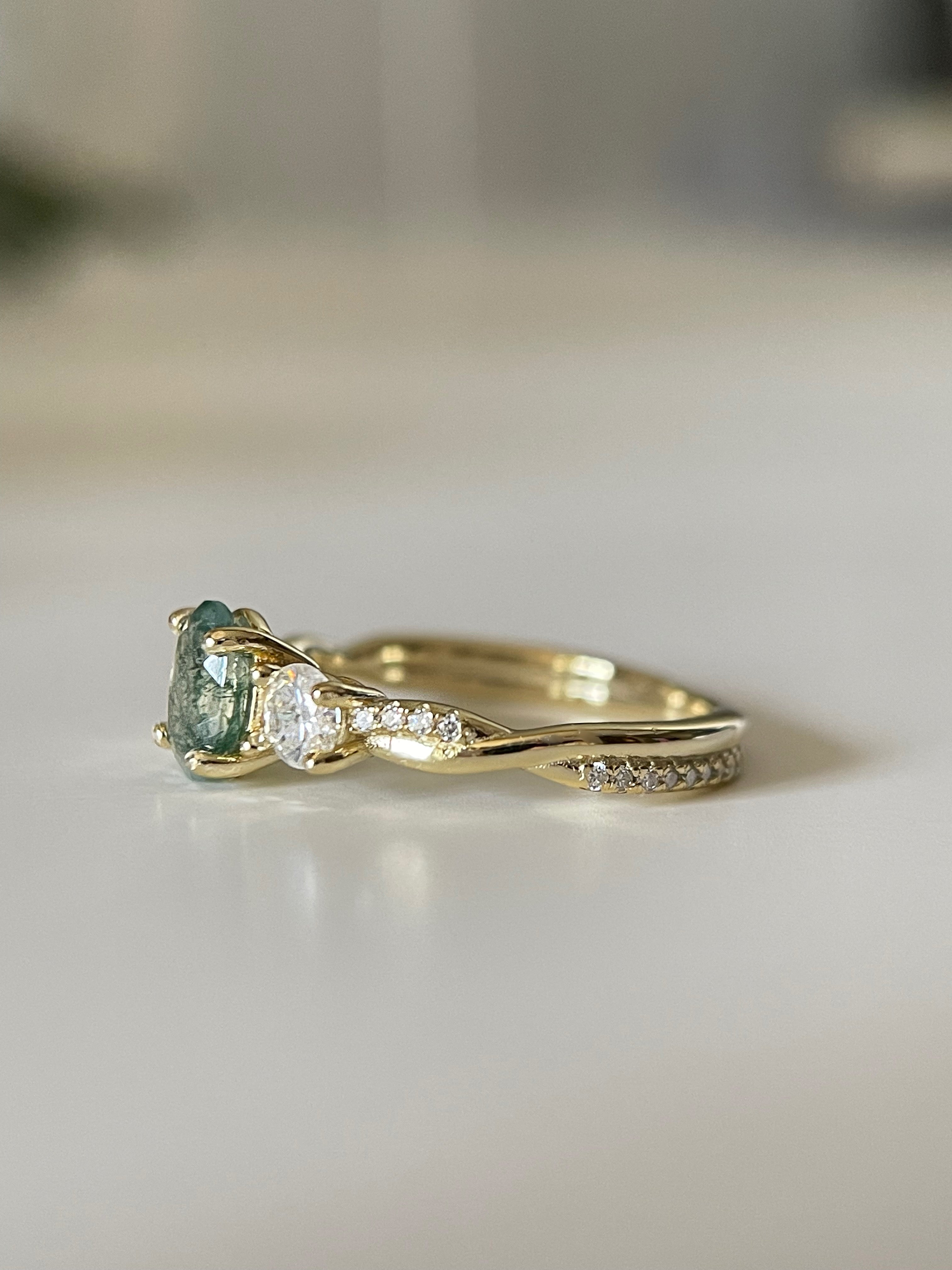 【Veritas】Unique Handmade Natural Moss Agate Engagement Ring Set 2pcs 0.75ct Oval Shape