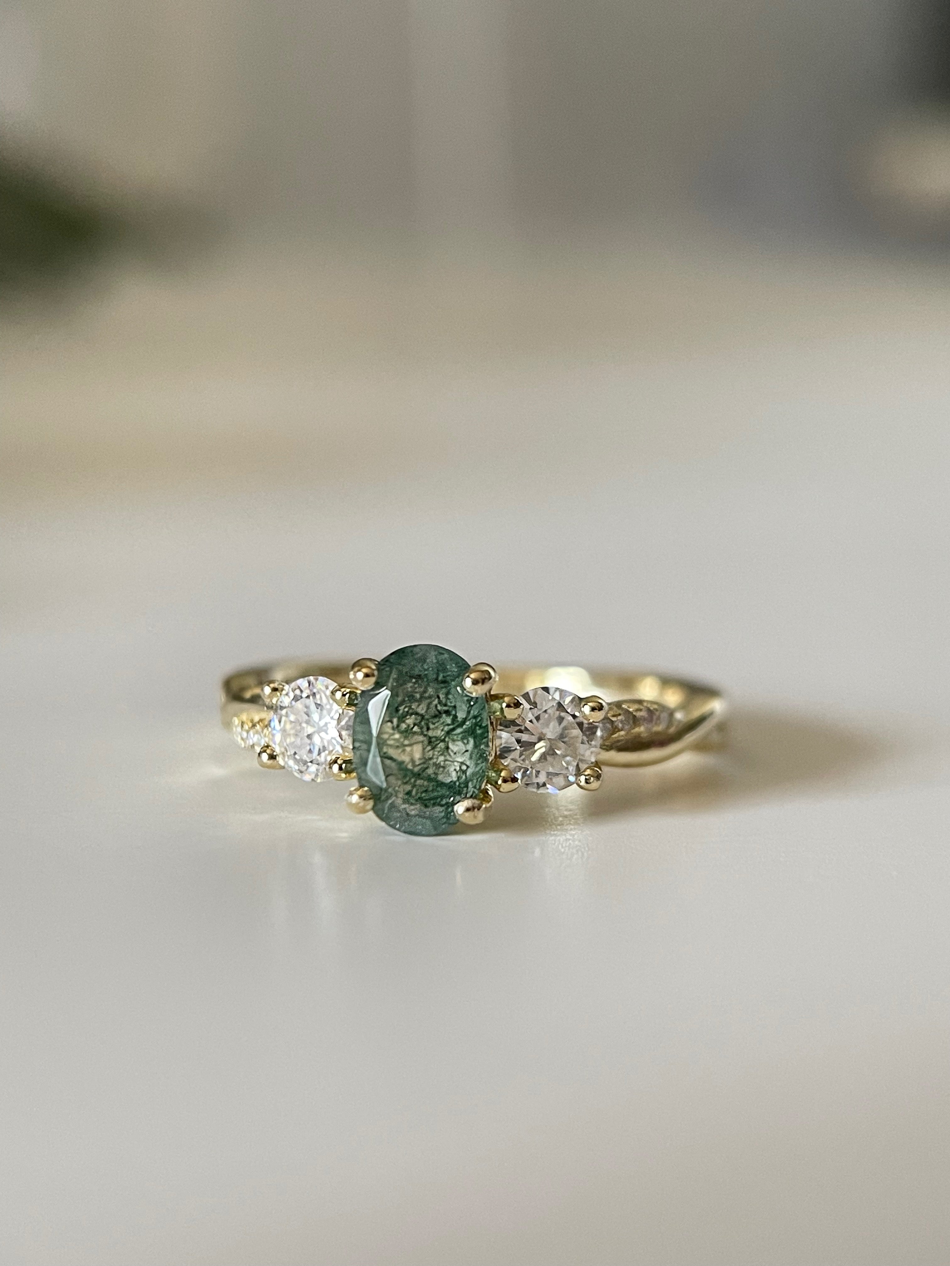 【Veritas】Ensemble de 2 bagues de fiançailles uniques, faites à la main, en agate mousse naturelle de 0,75 ct, forme ovale