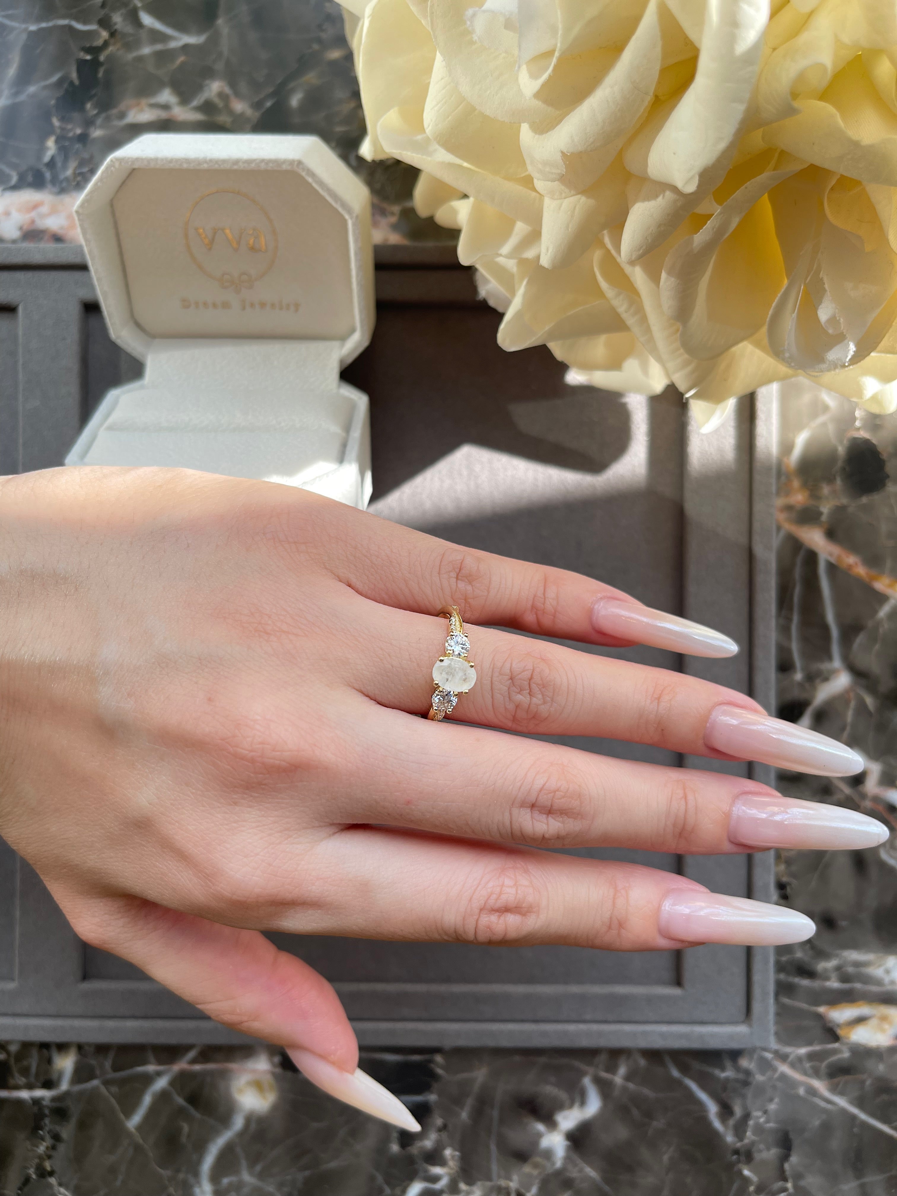 【Infinity Lumina】Unique Handmade Natural Blue Moonstone Engagement Ring Set 2pcs 0.75ct Oval Shape