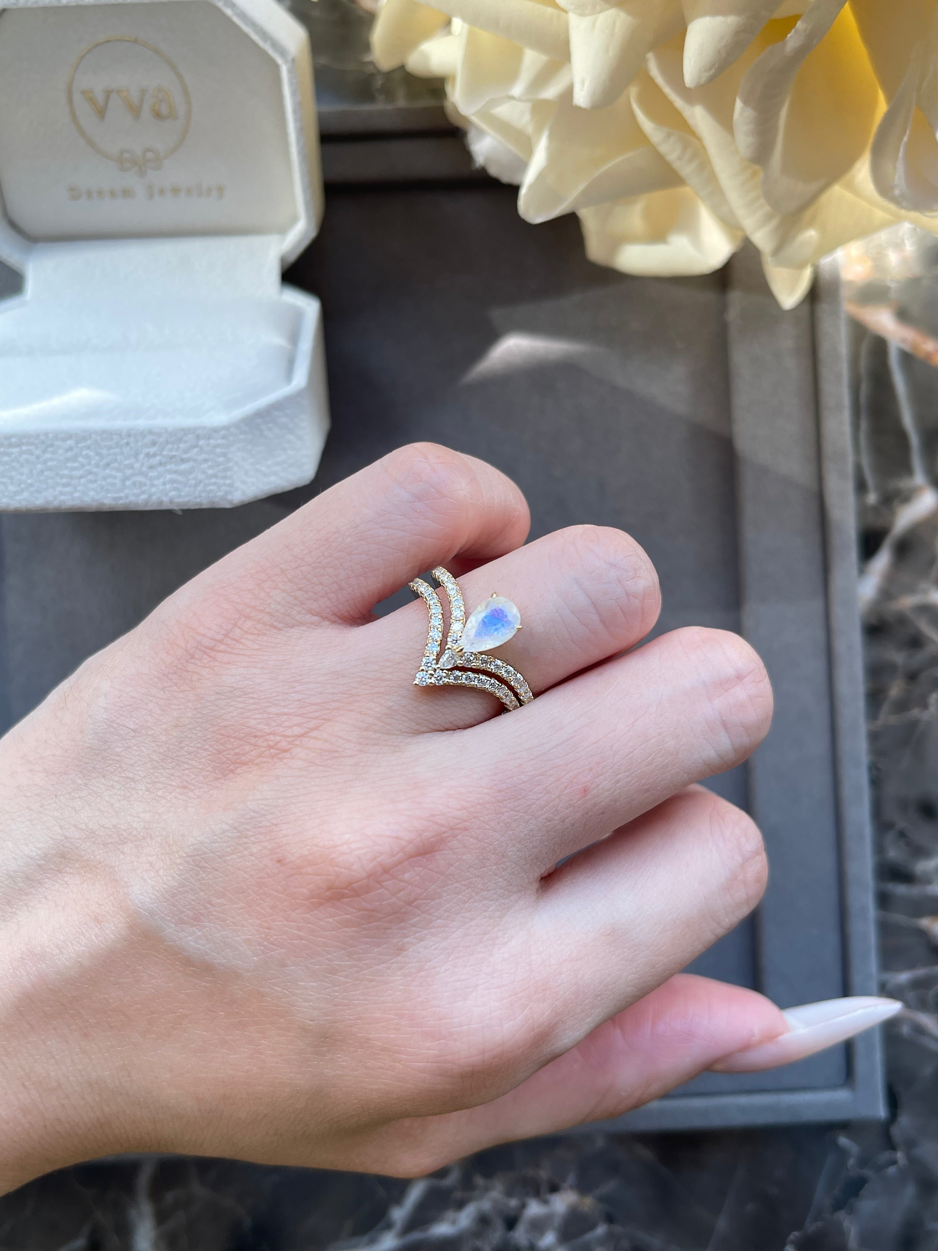 【Lumina Vow】Unique Handmade Natural Blue Moonstone Engagement Ring Set 2pcs 0.7ct Pear Shape