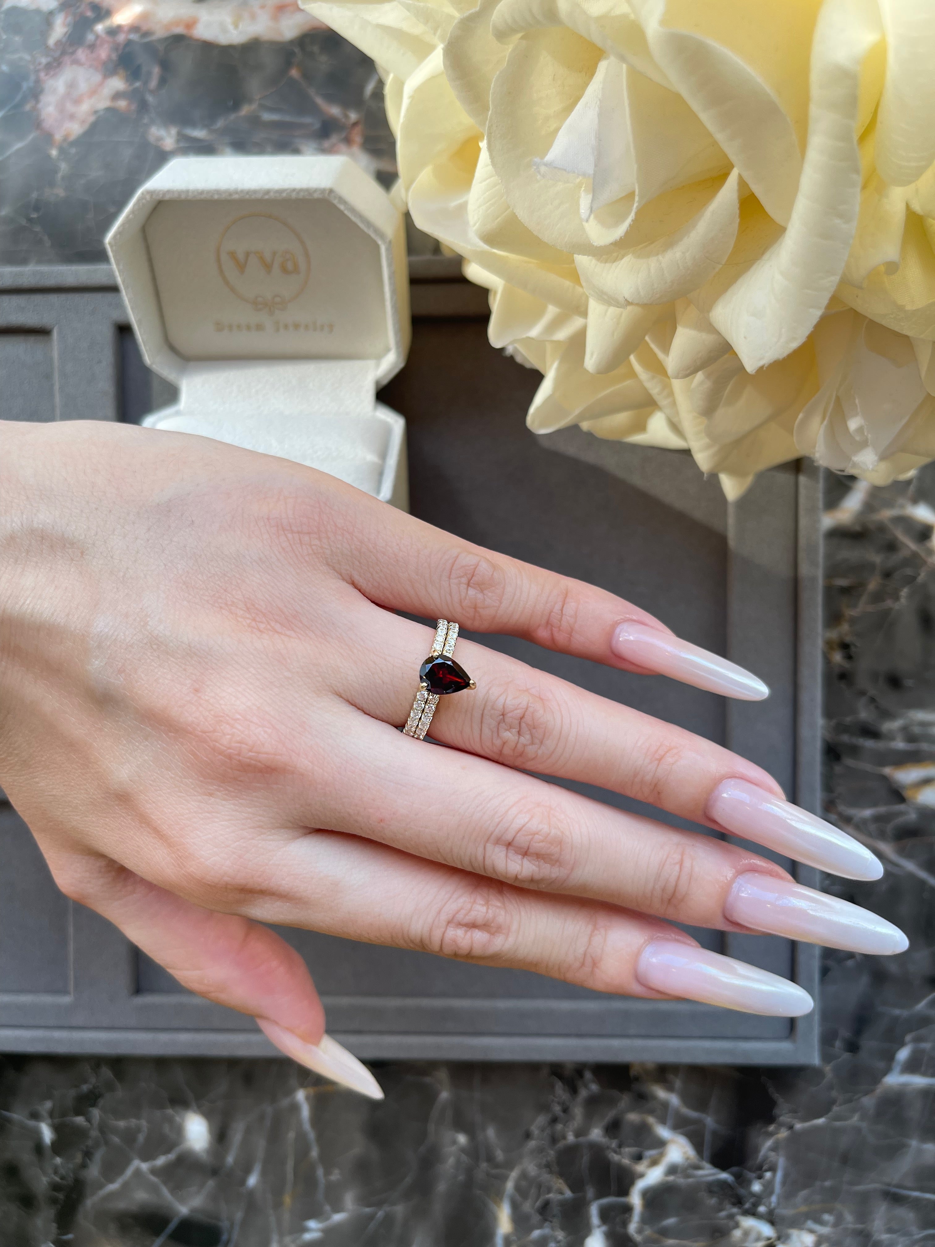 【Rubellite Cascade】Unique Handmade Natural Rhodolite Garnet Engagement Ring 0.8ct Pear Shape