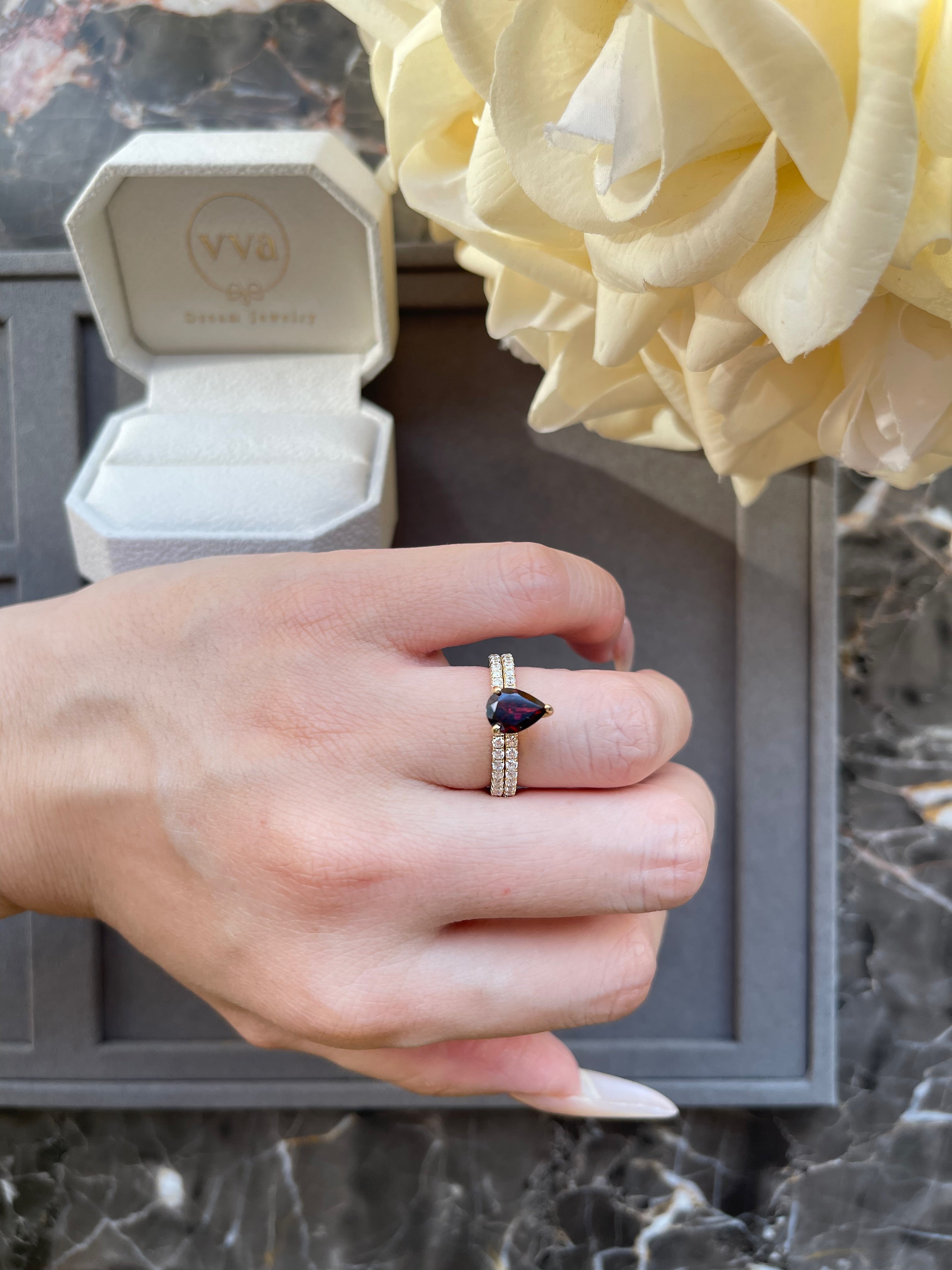 【Rubellite Cascade】Unique Handmade Natural Rhodolite Garnet Engagement Ring 0.8ct Pear Shape