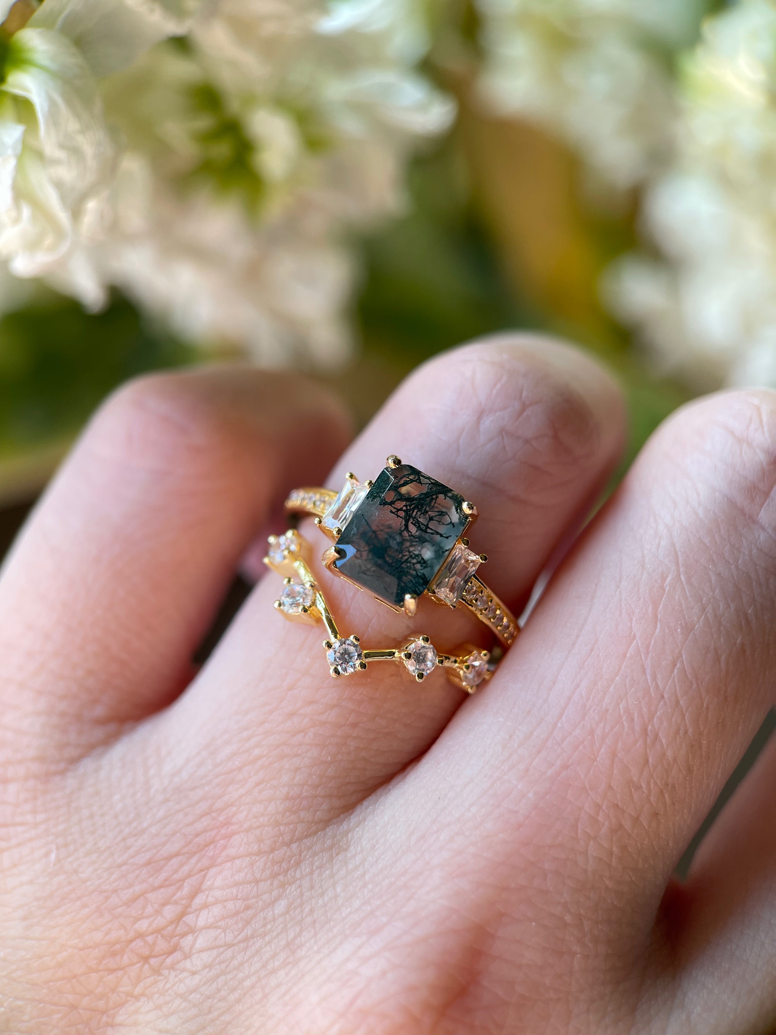 【Ensemble Callista】Ensemble unique de bagues de fiançailles en agate mousse naturelle faite à la main, 2 pièces, 2,5 ct, forme coussin