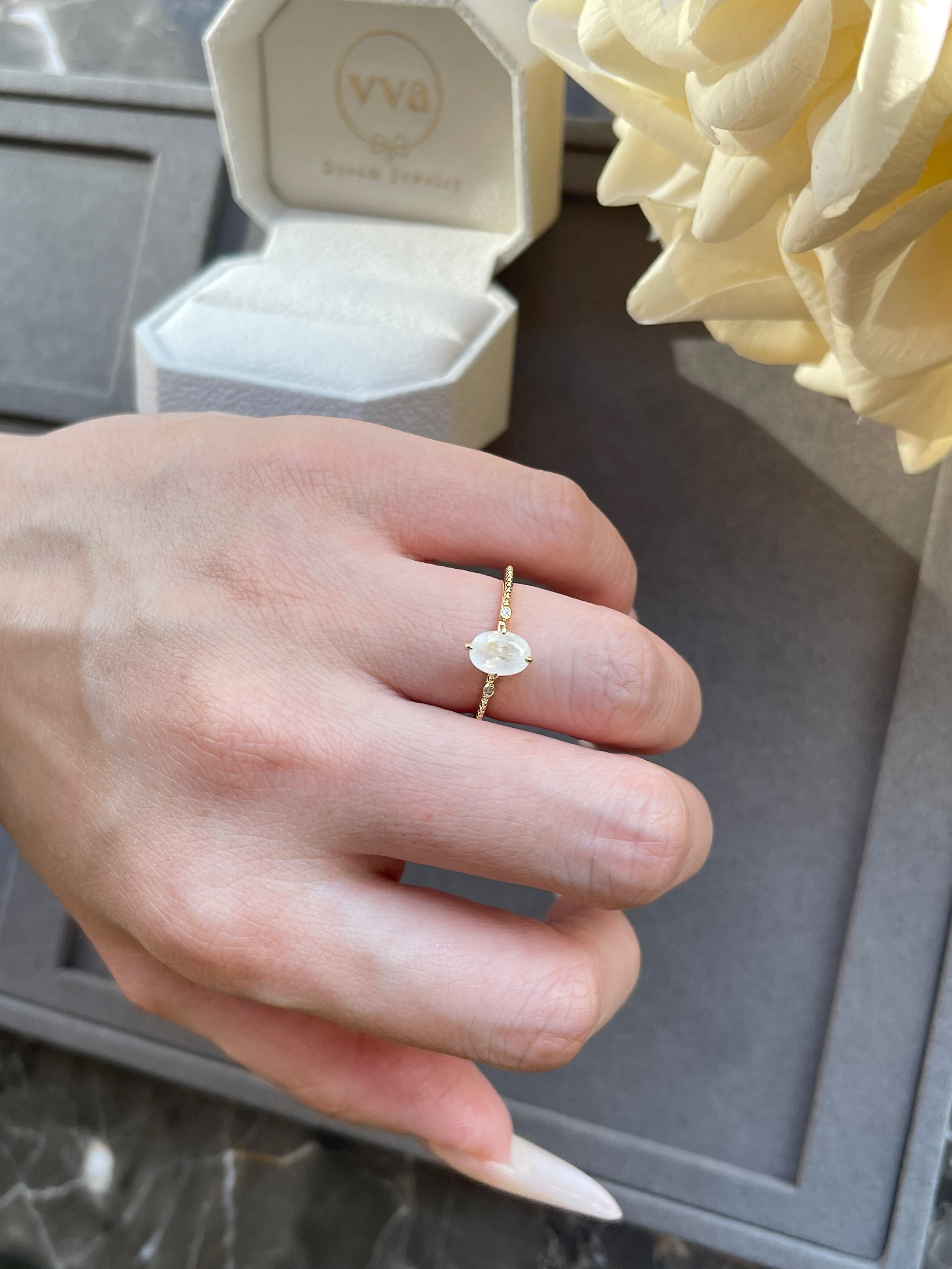 【Luna Twist】Unique Handmade Natural Blue Moonstone Engagement Ring 0.75ct Oval Cut