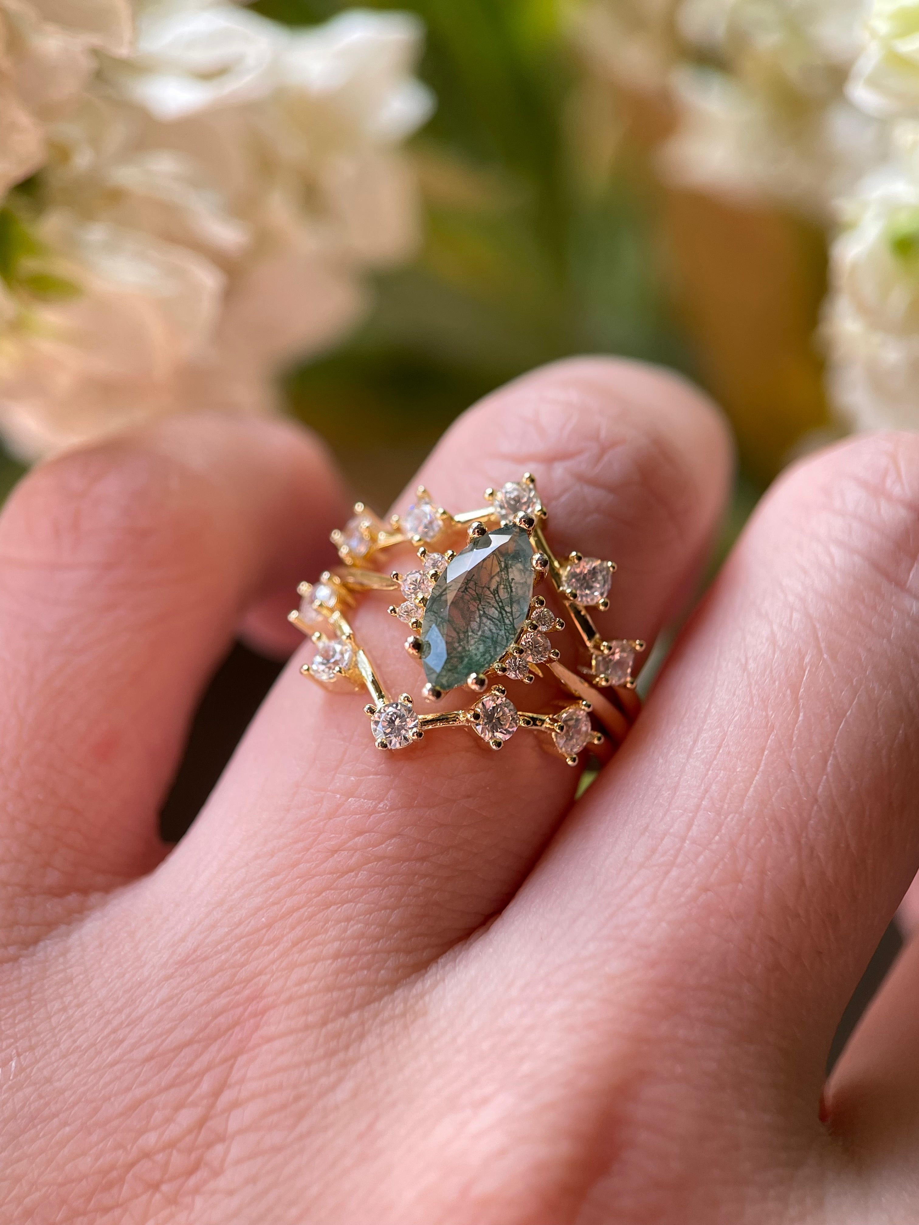 【CASSIOPEIA SET】Unique Handmade Natural Moss Agate Engagement Ring Set 3pcs Marquise Cut 1ct