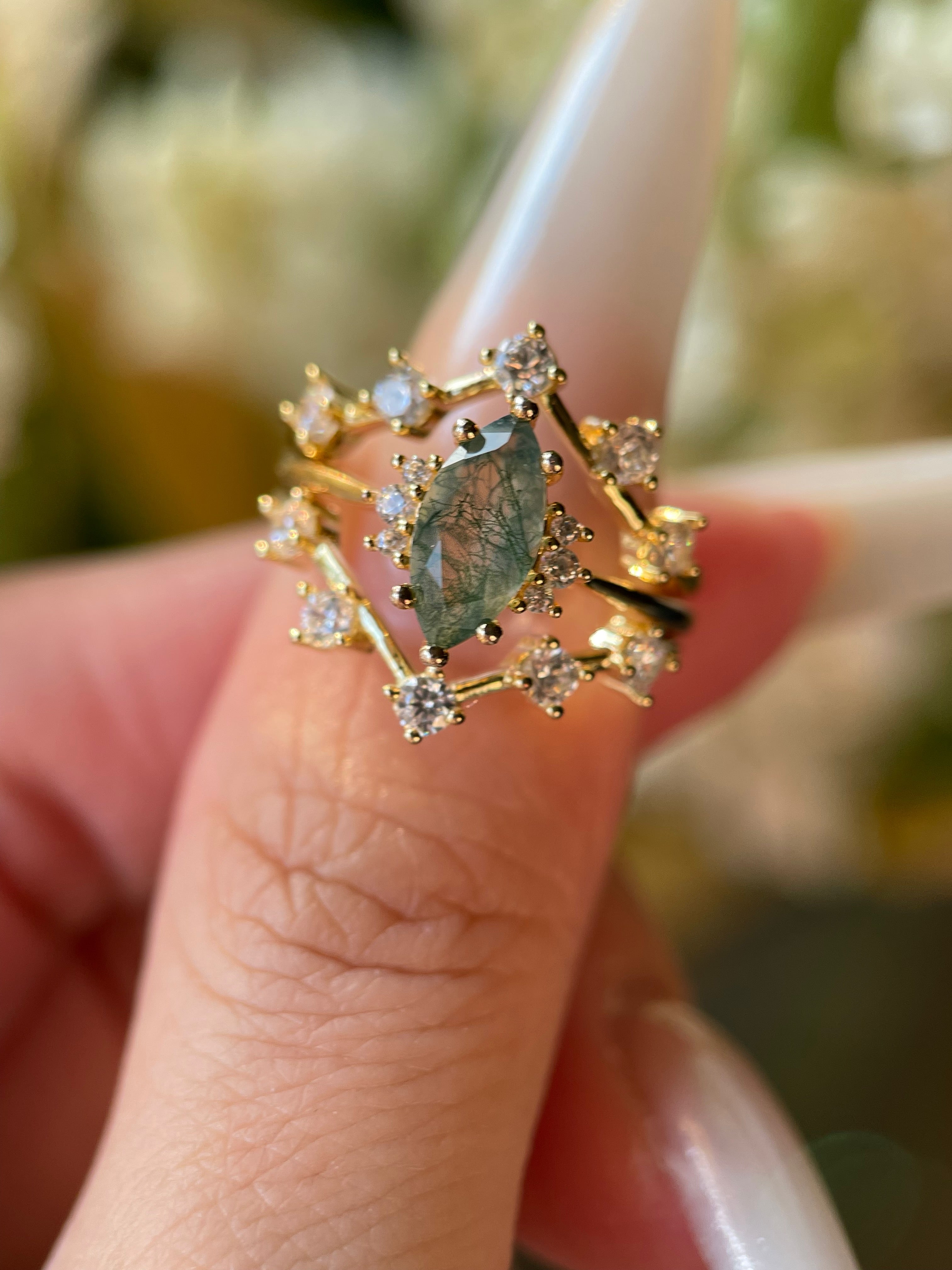 【CASSIOPEIA SET】Unique Handmade Natural Moss Agate Engagement Ring Set 3pcs Marquise Cut 1ct