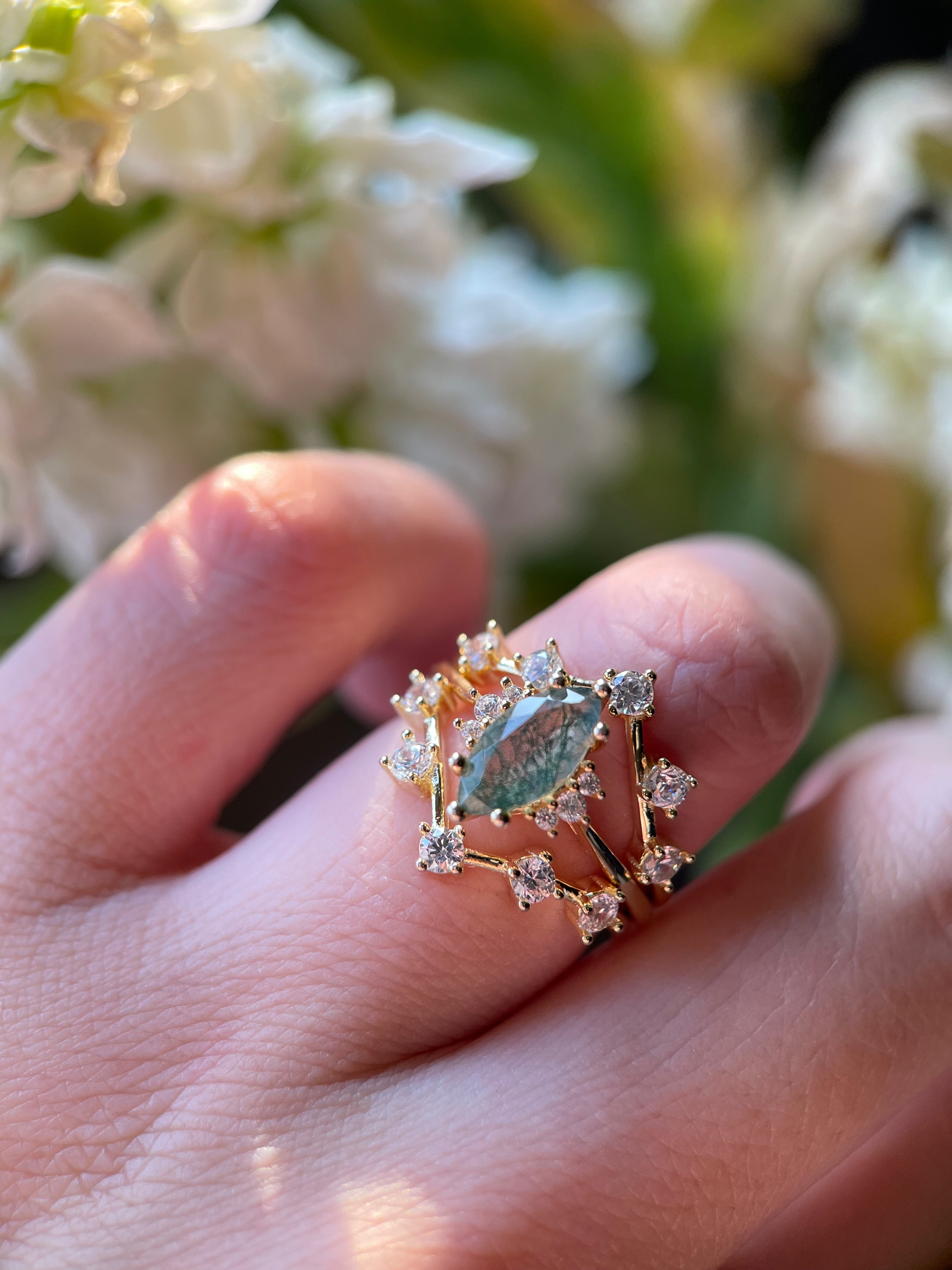 【CASSIOPEIA SET】Unique Handmade Natural Moss Agate Engagement Ring Set 3pcs Marquise Cut 1ct