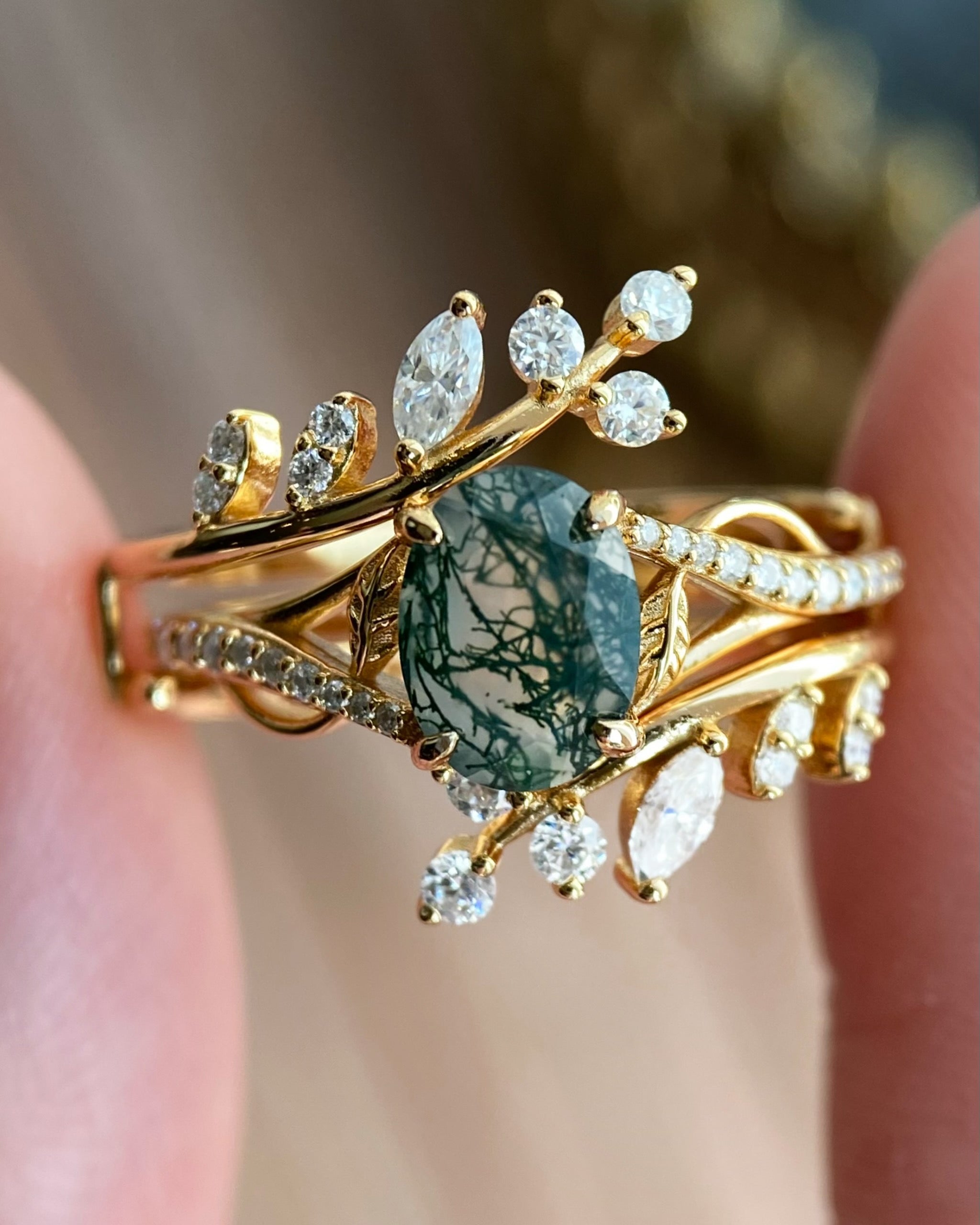 Antheia | Handmade Leafn& Vine Moss Agate Engagement Ring Set Vintage Nature Inspired