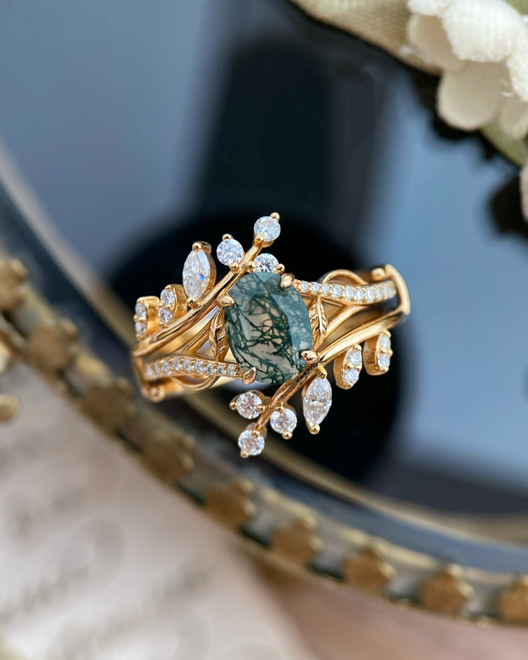 Antheia | Handmade Leafn& Vine Moss Agate Engagement Ring Set Vintage Nature Inspired