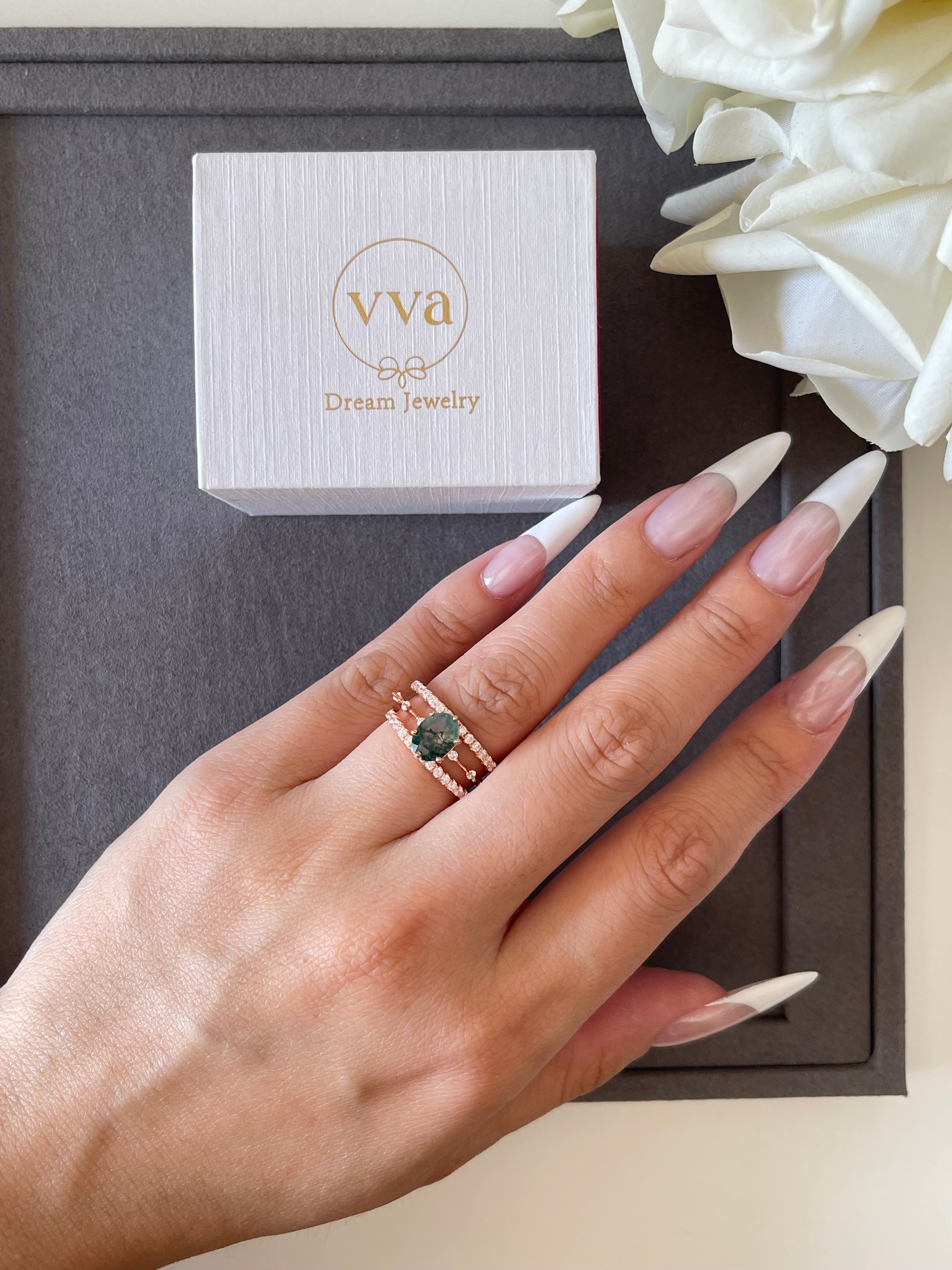 【Rootkeeper】Unique Handmade Natural Moss Agate Engagement Ring 1.5ct Oval Shape