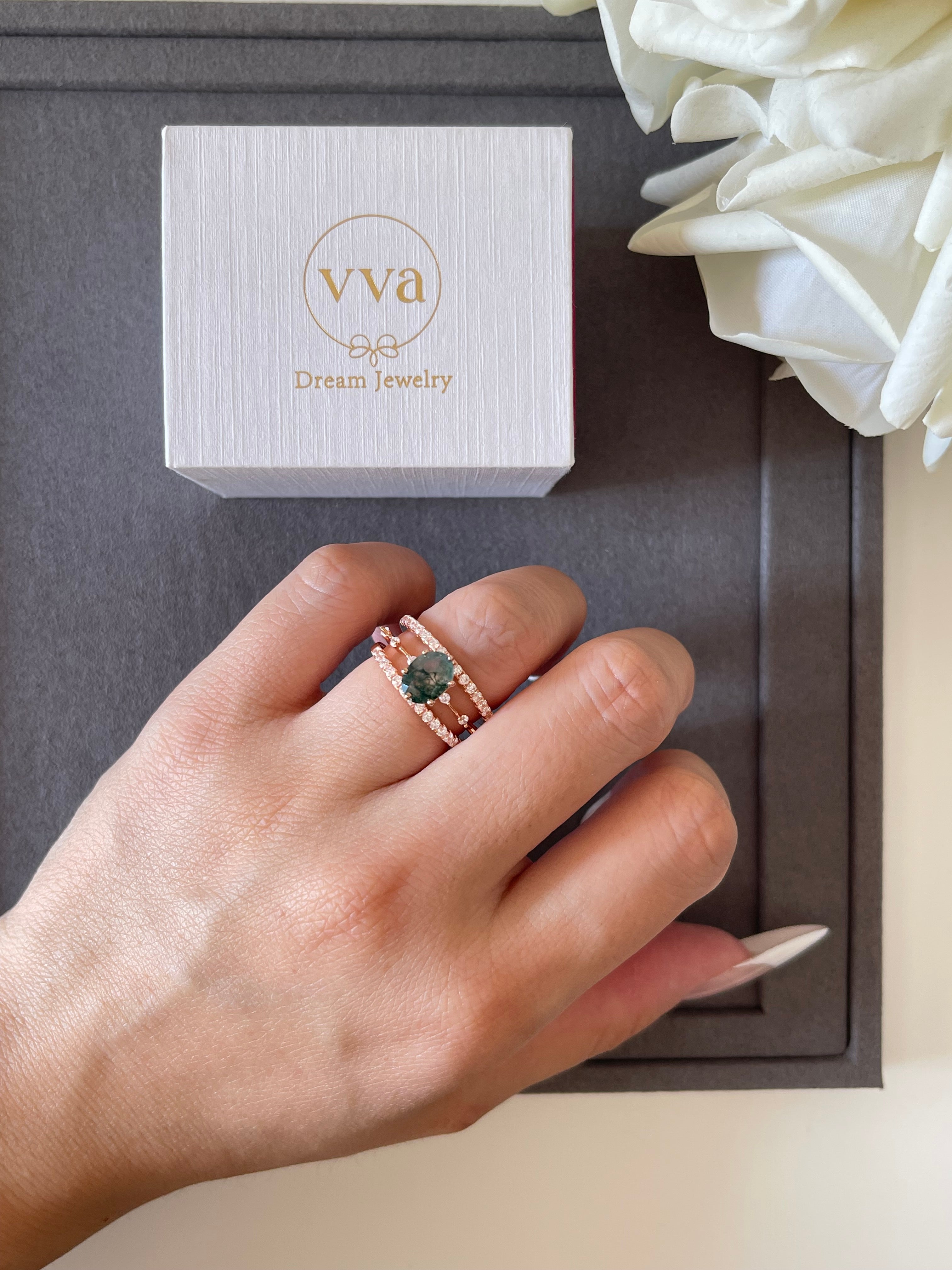 【Rootkeeper】Unique Handmade Natural Moss Agate Engagement Ring 1.5ct Oval Shape