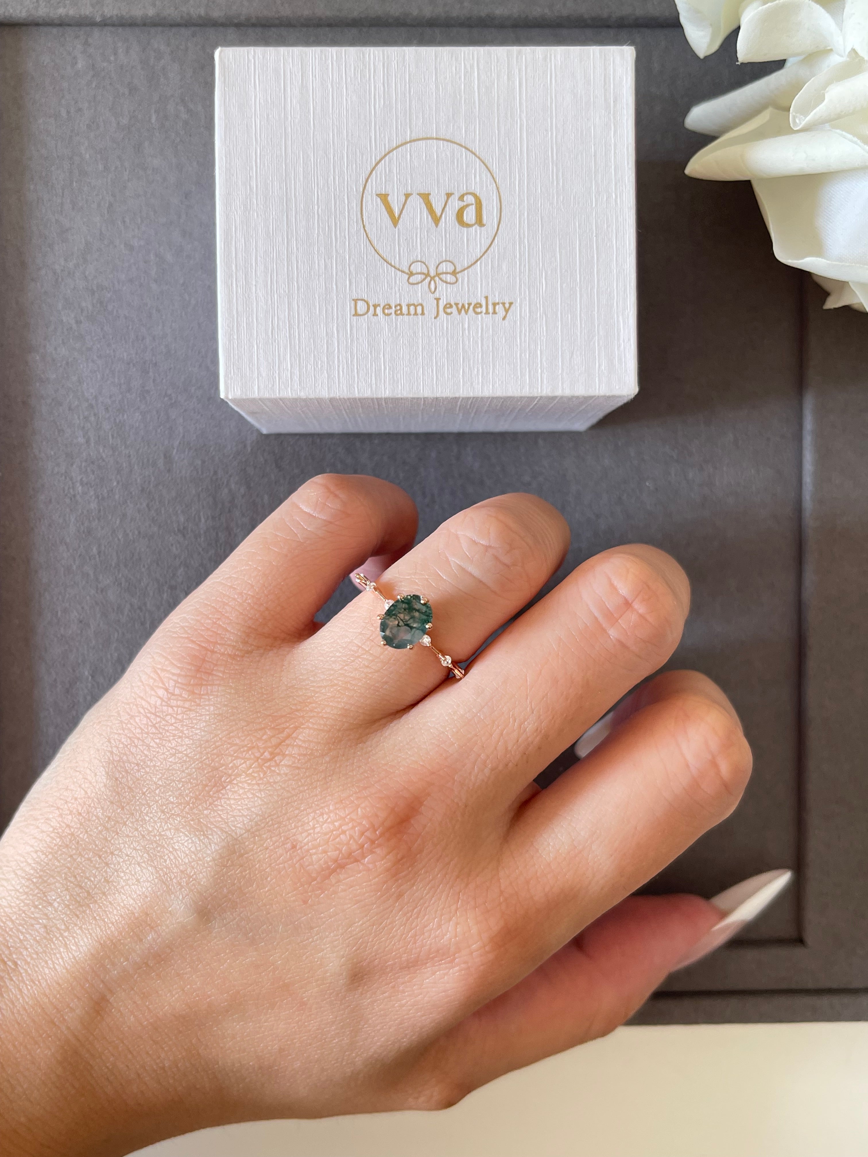 【Rootkeeper】Bague de fiançailles unique en agate mousse naturelle faite à la main, de forme ovale, 1,5 ct