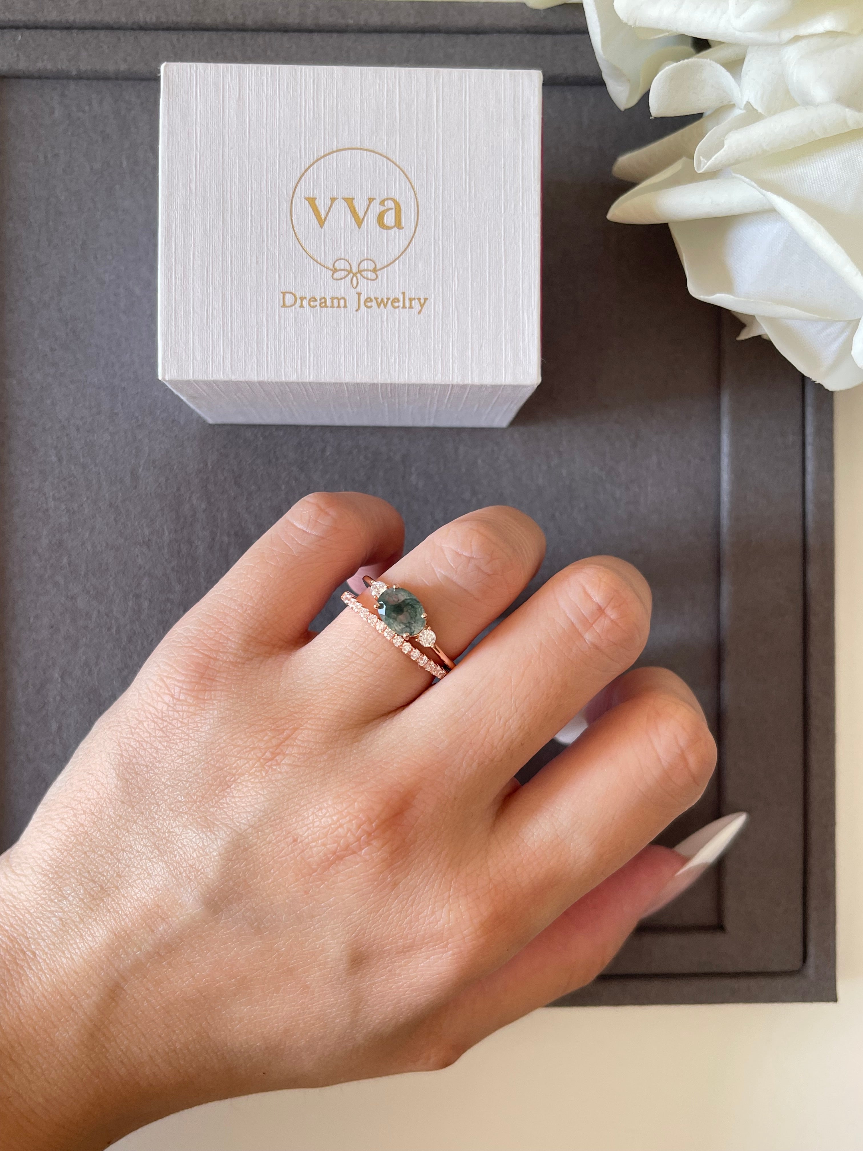 【Ethereal Veil】Unique Handmade Natural Moss Agate Engagement Ring 1.5ct Oval Shape