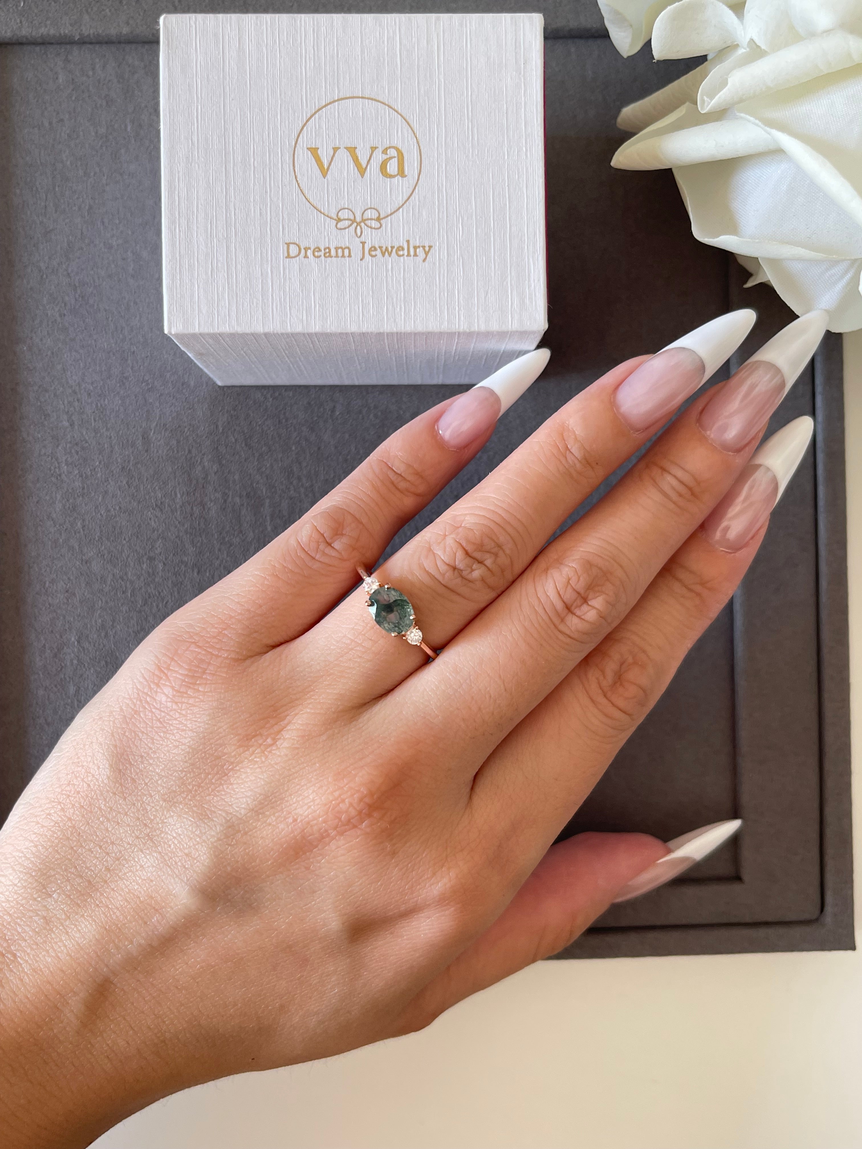 【Ethereal Veil】Unique Handmade Natural Moss Agate Engagement Ring 1.5ct Oval Shape