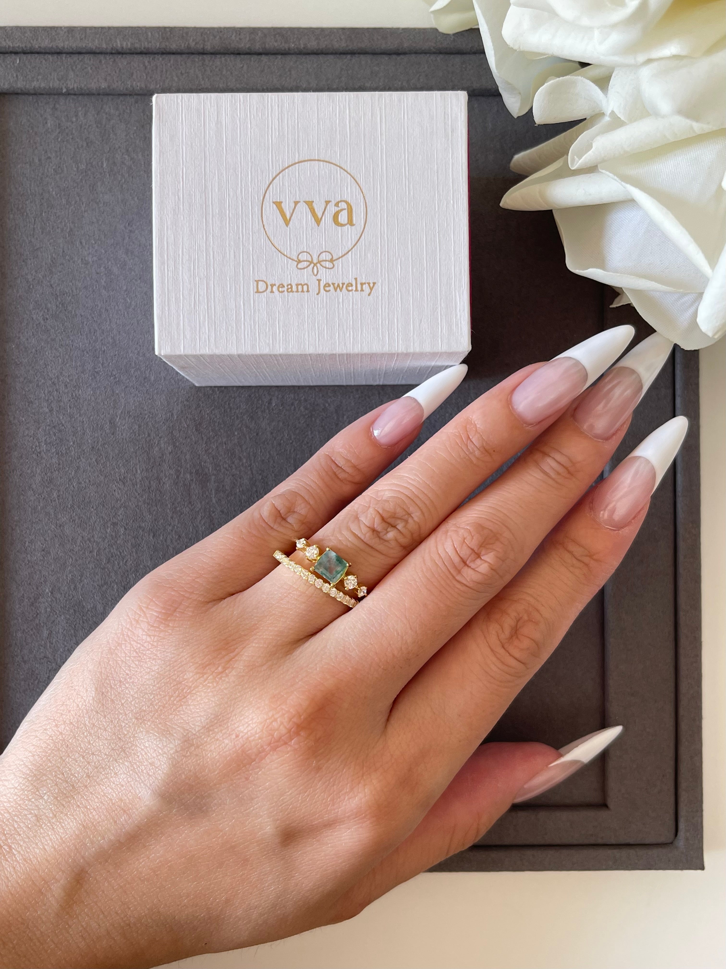 【Verdanite Garden】Unique Handmade Natural Moss Agate Engagement Ring 0.75ct Princess Cut