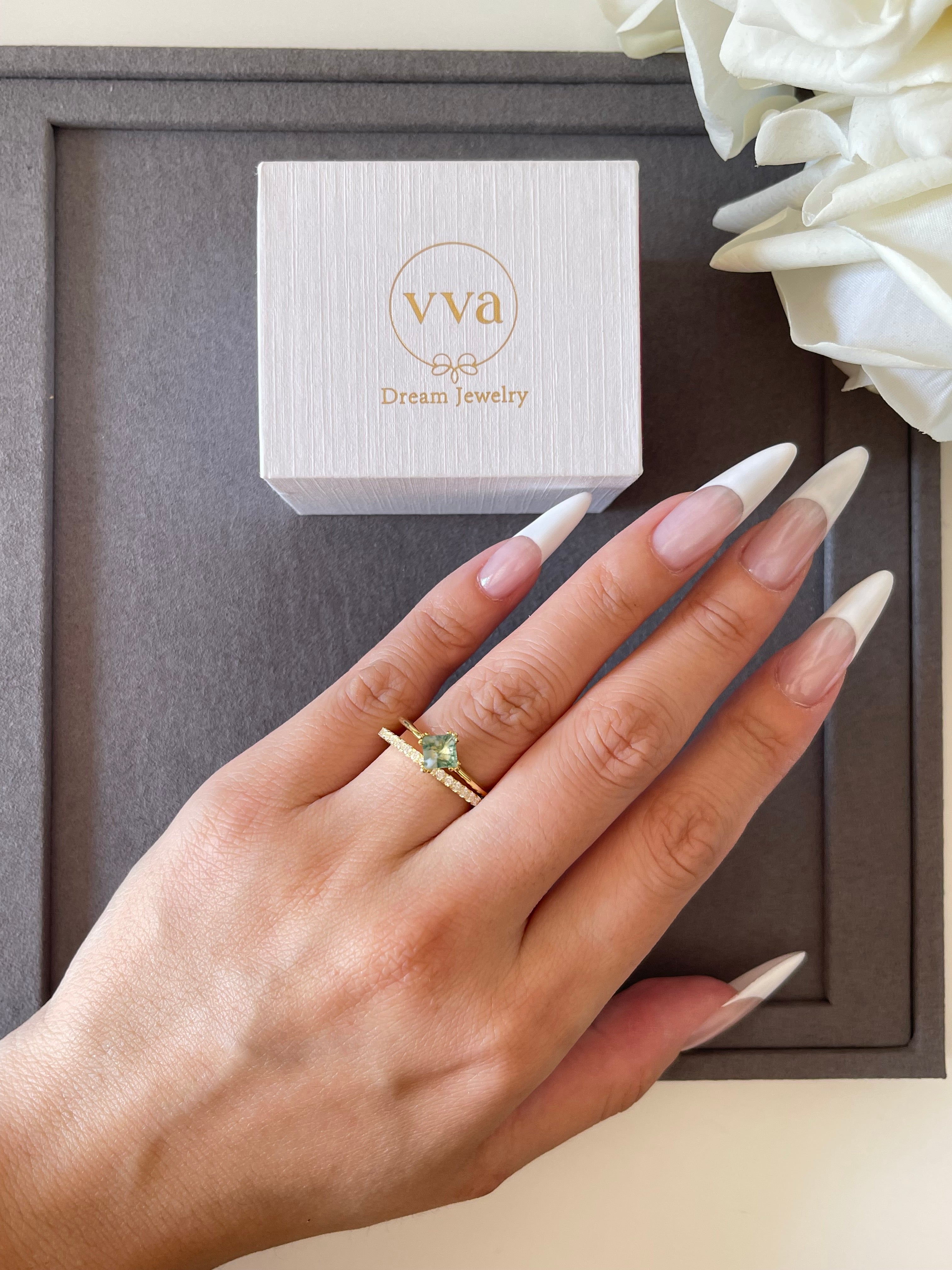 【Sylvan Majesty Set】Unique Handmade Natural Moss Agate Engagement Ring Set 2pcs 0.75ct Princess Shape