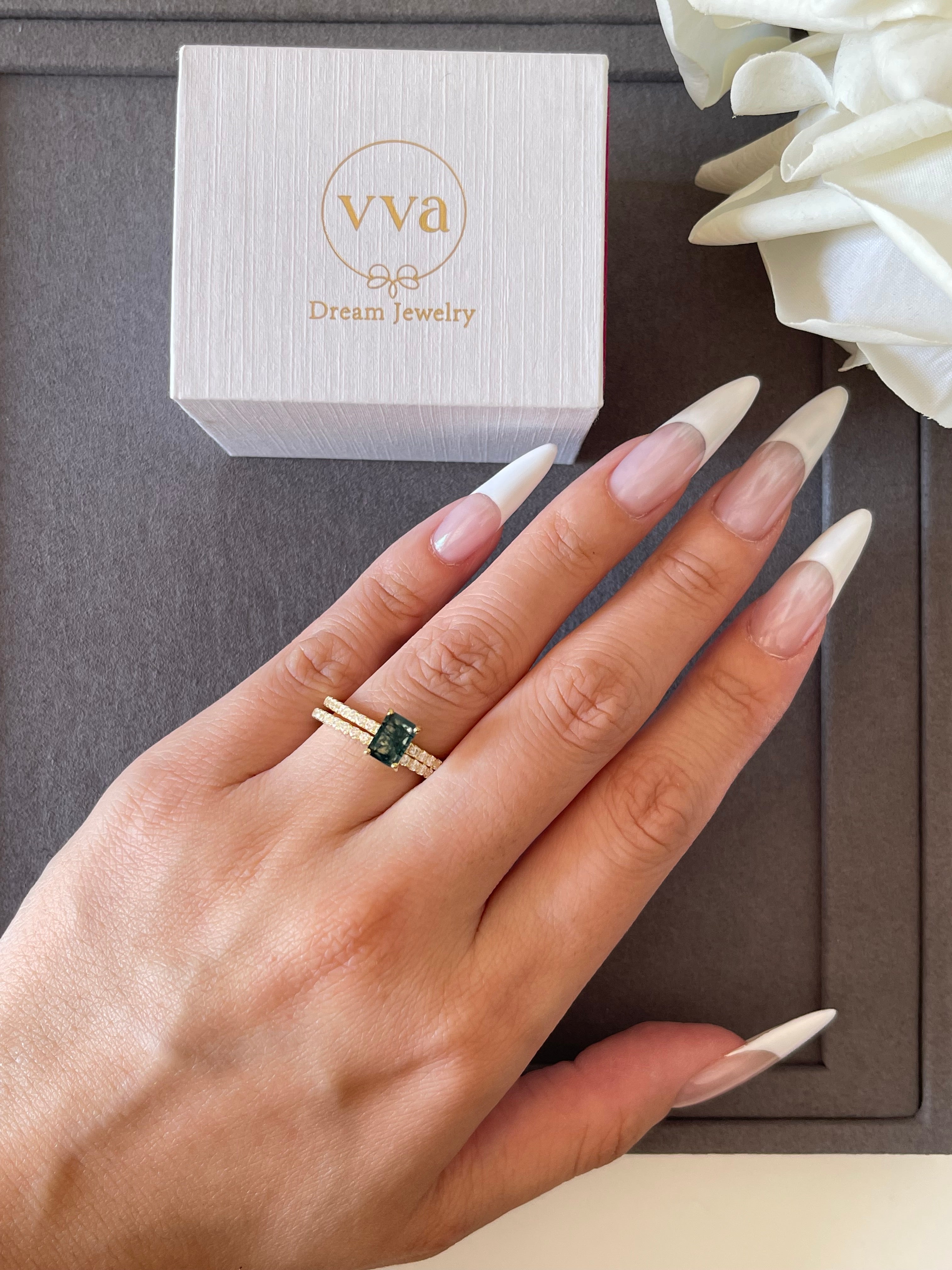 【Laguna】Unique Handmade Natural Moss Agate Engagement Ring 1ct Baguette Shape