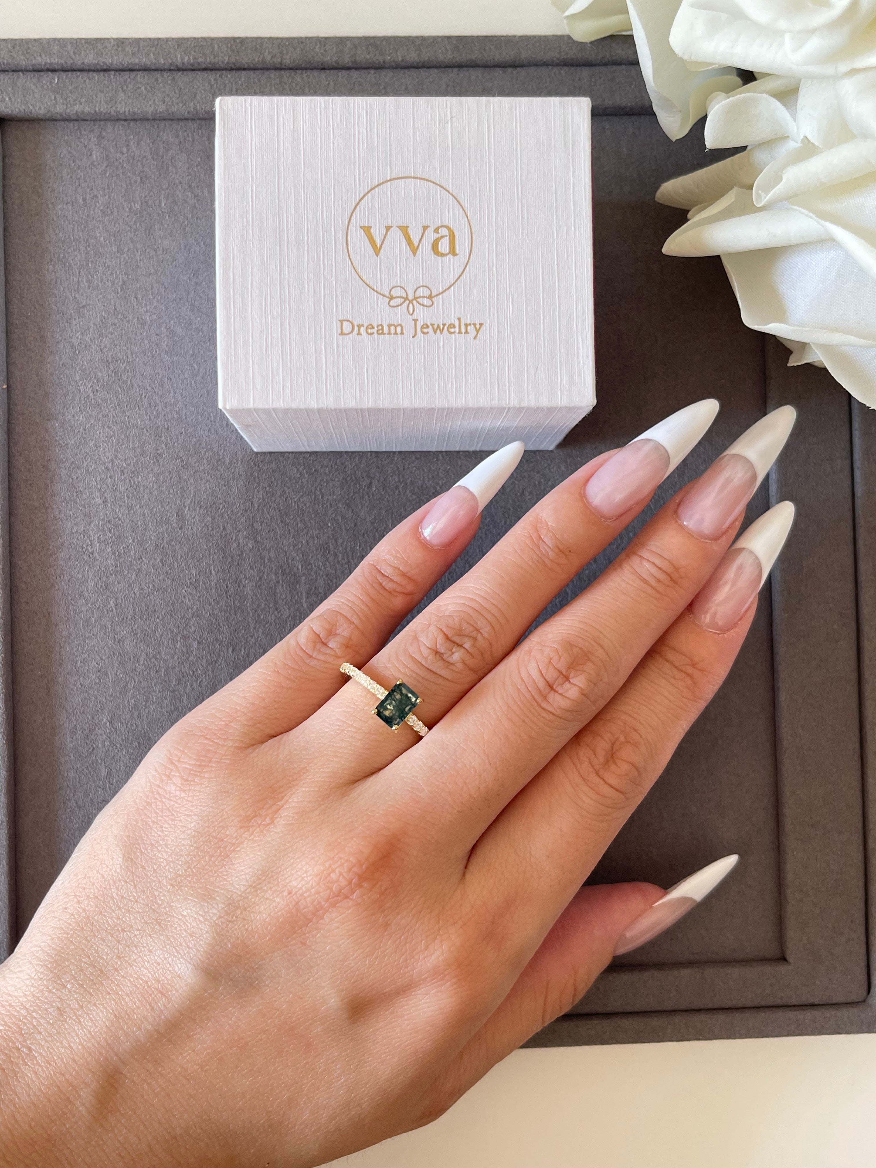 【Laguna】Unique Handmade Natural Moss Agate Engagement Ring 1ct Baguette Shape