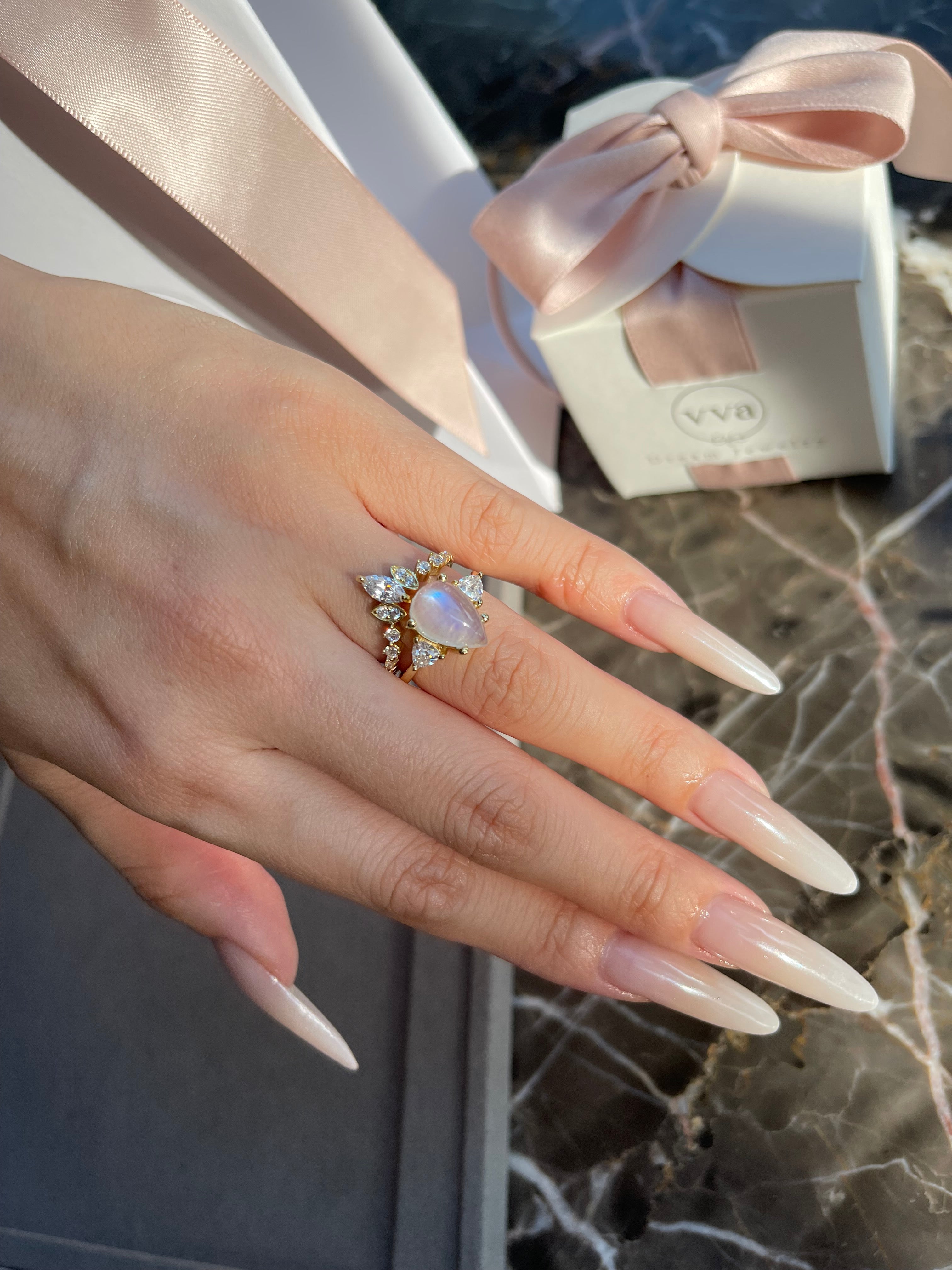 【SERAPHINA】Unique Handmade Natural Blue Moonstone Engagement Pear Shape 3ct