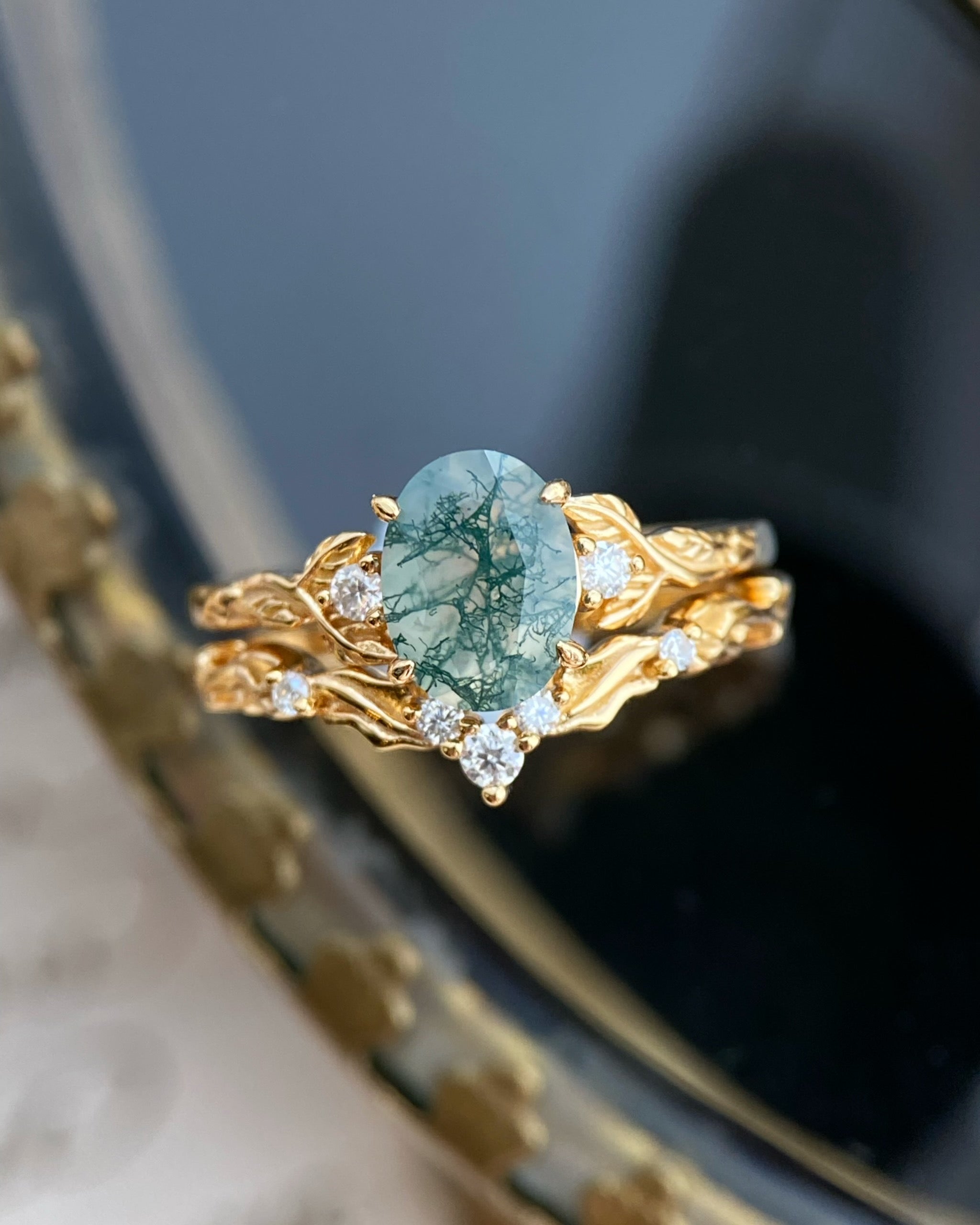 Silvanus | Unique Handmade Oval Moss Agate Engagement Ring Set Vintage Leaf Vine Bridal Band