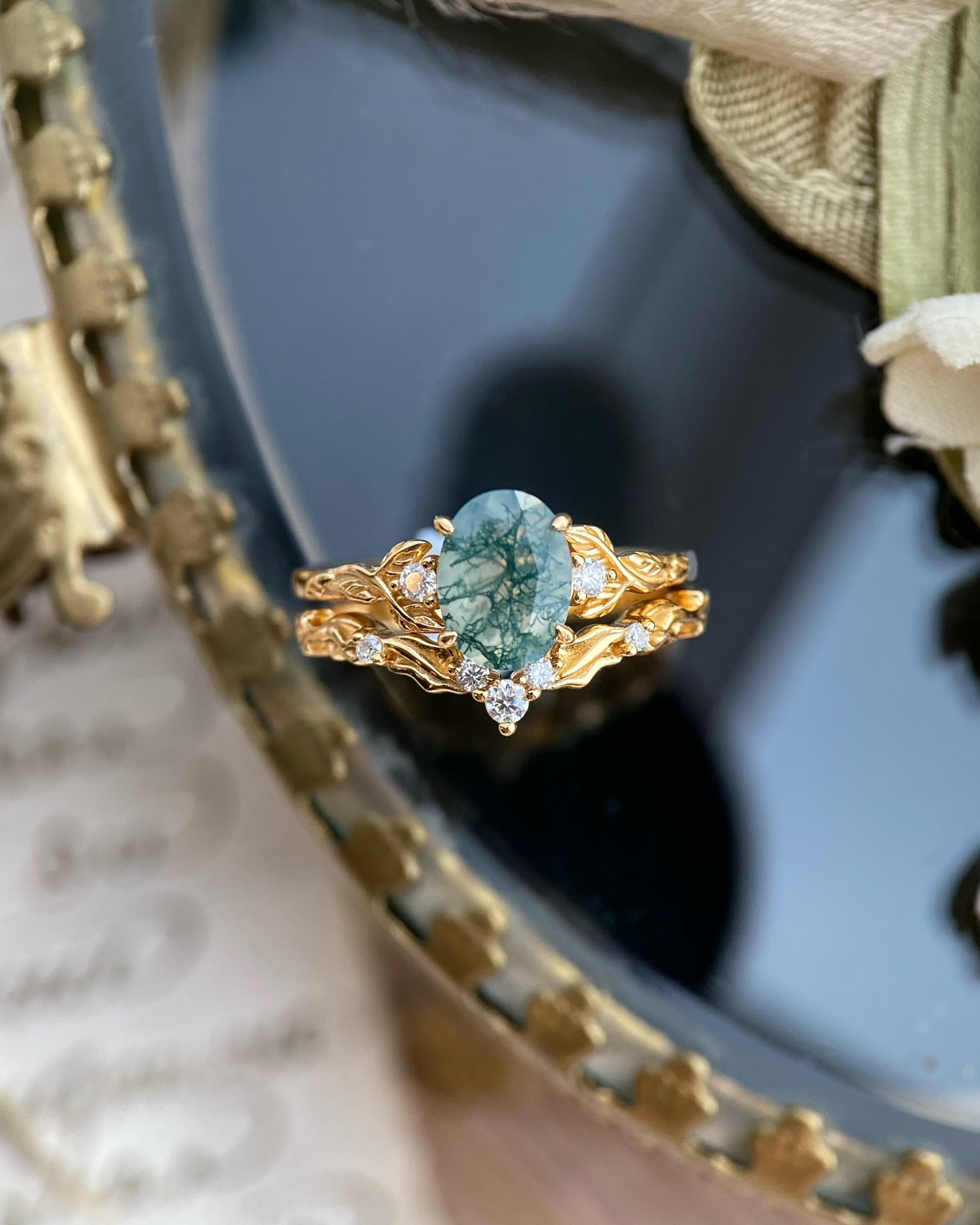 Silvanus | Unique Handmade Oval Moss Agate Engagement Ring Set Vintage Leaf Vine Bridal Band