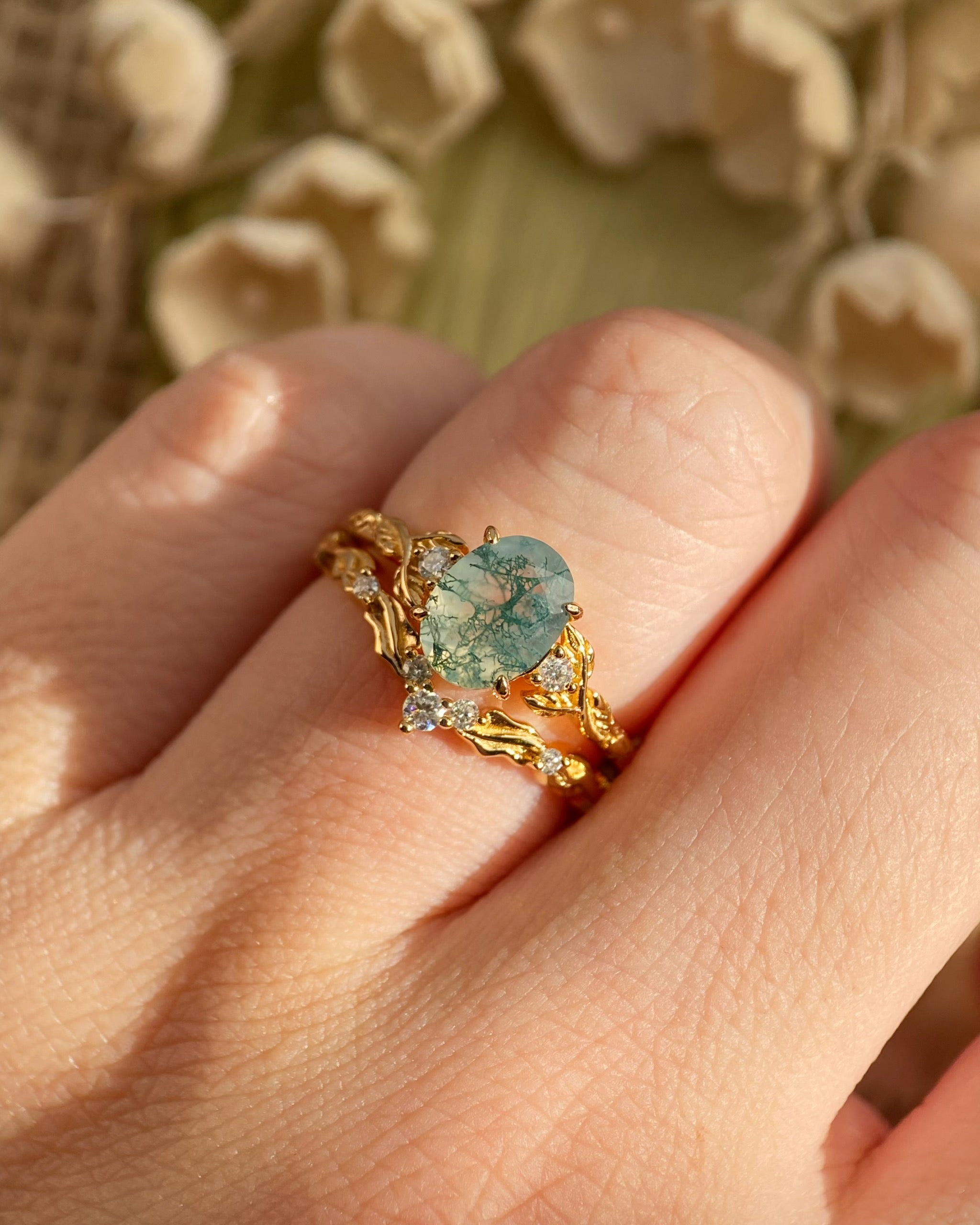 Silvanus | Unique Handmade Oval Moss Agate Engagement Ring Set Vintage Leaf Vine Bridal Band