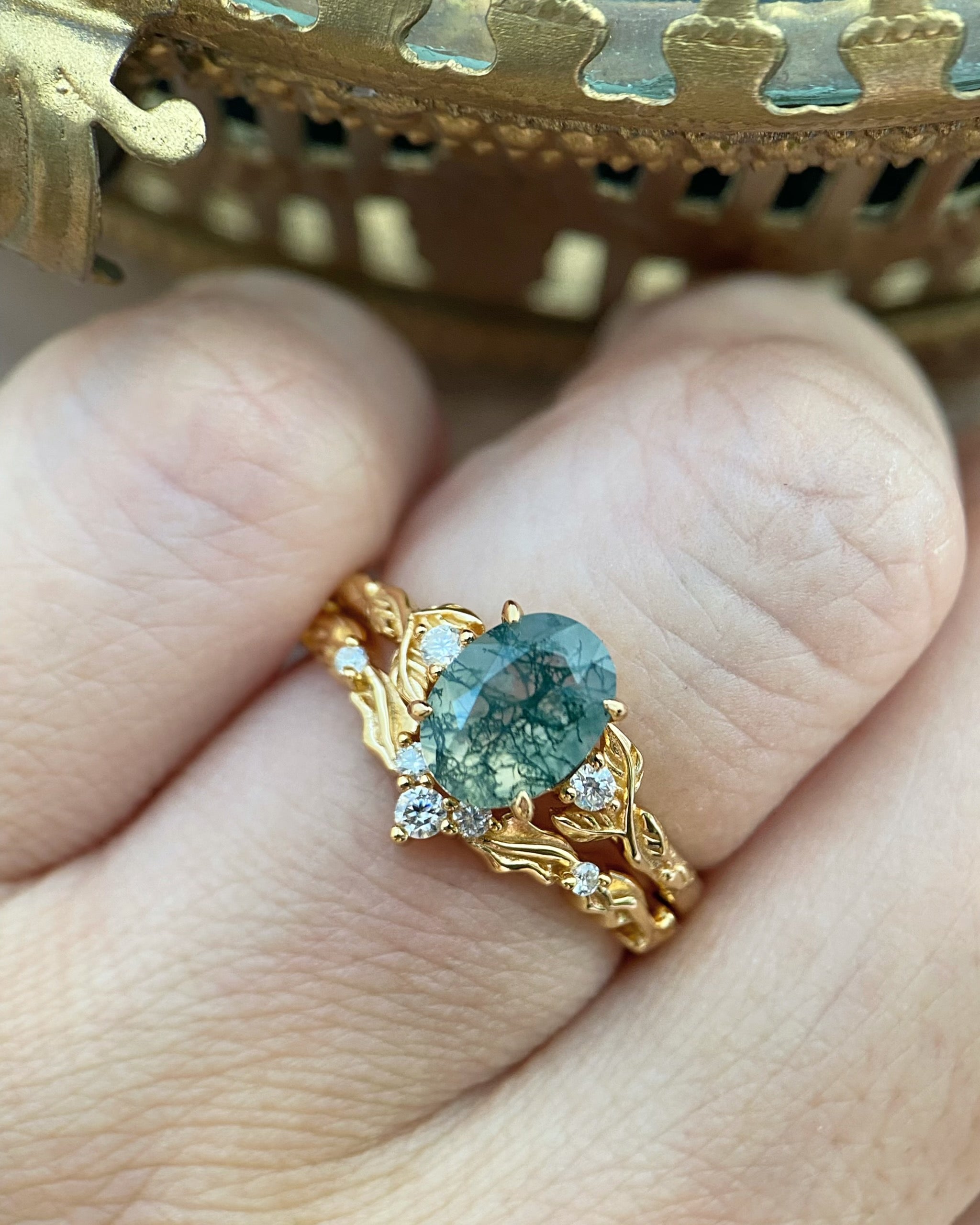 Silvanus | Unique Handmade Oval Moss Agate Engagement Ring Set Vintage Leaf Vine Bridal Band