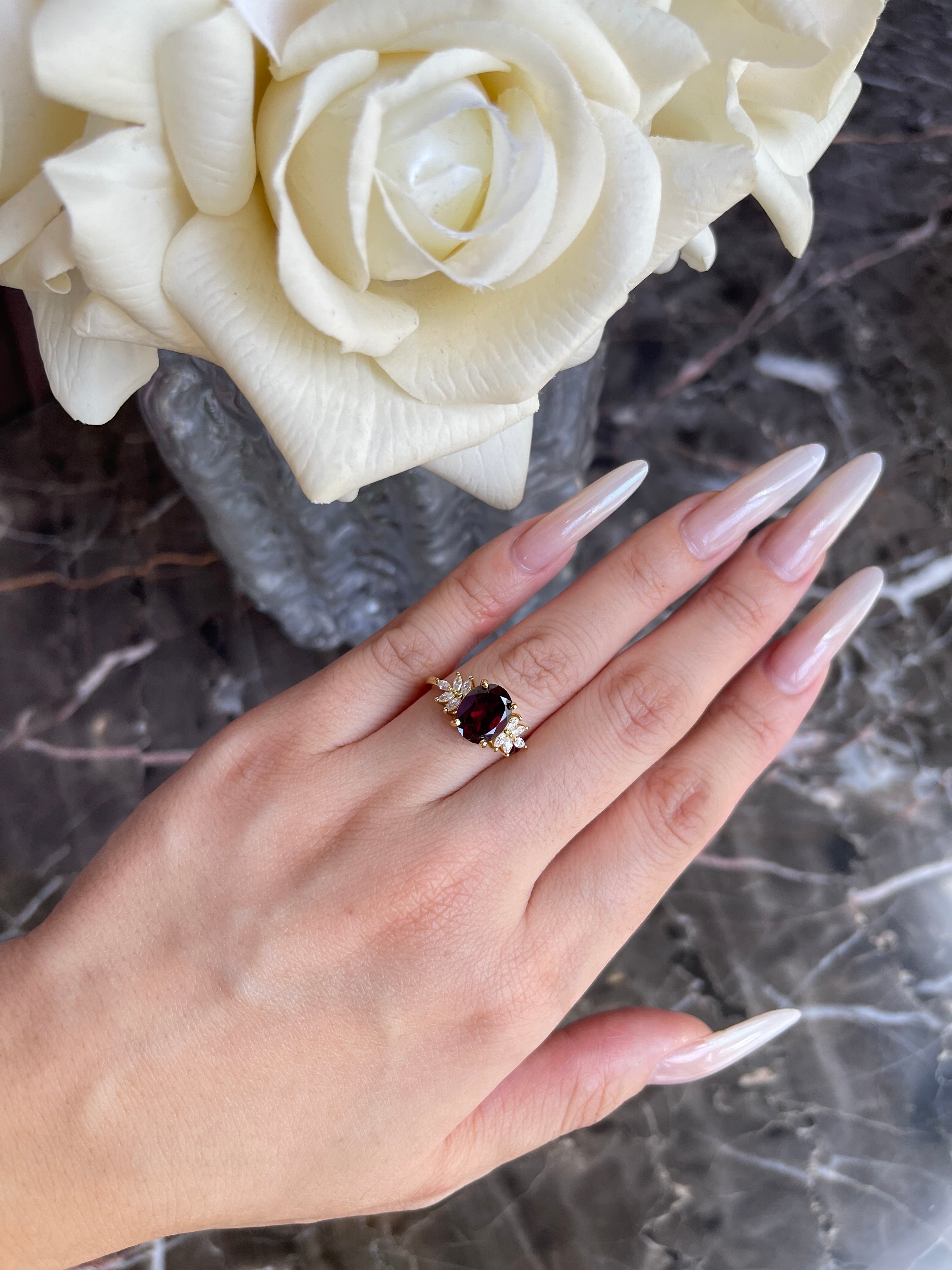 【SCARLETTE】Handmade Natural Rhodolite Garnet Engagement Ring Oval Shape 3ct