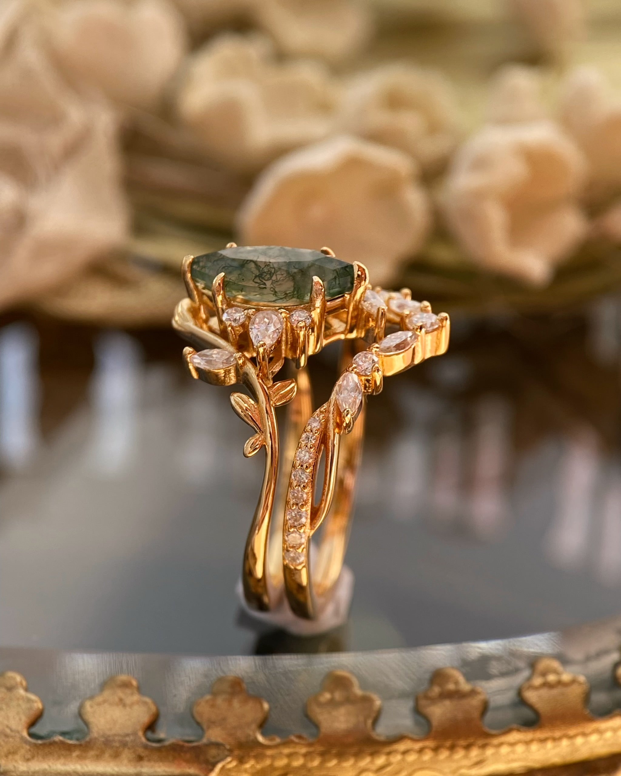 Dryads | Unique Handmade Marquise Natural Moss Agate Leaf Branch Engagement Ring Set