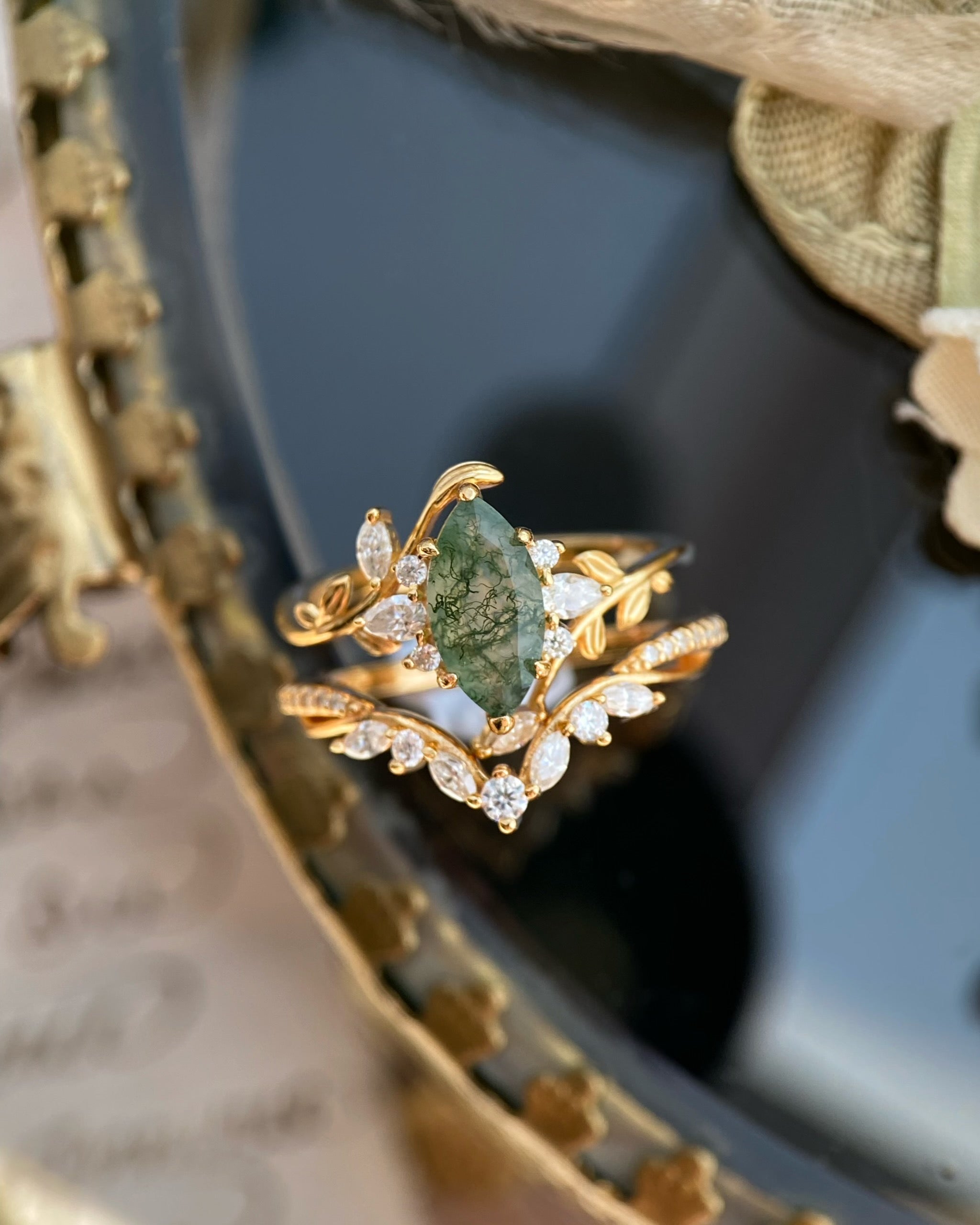 Dryads | Unique Handmade Marquise Natural Moss Agate Leaf Branch Engagement Ring Set