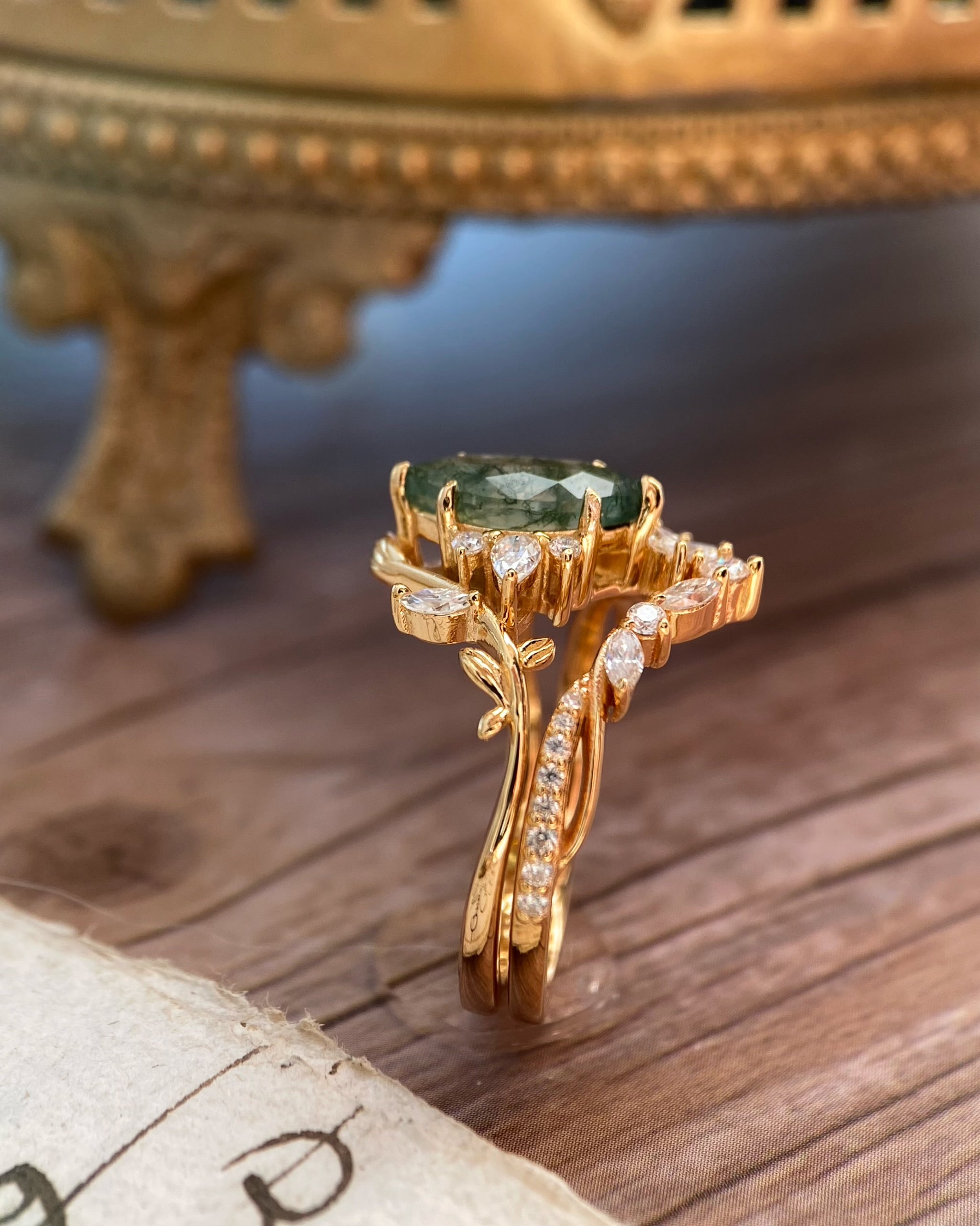Dryads | Unique Handmade Marquise Natural Moss Agate Leaf Branch Engagement Ring Set