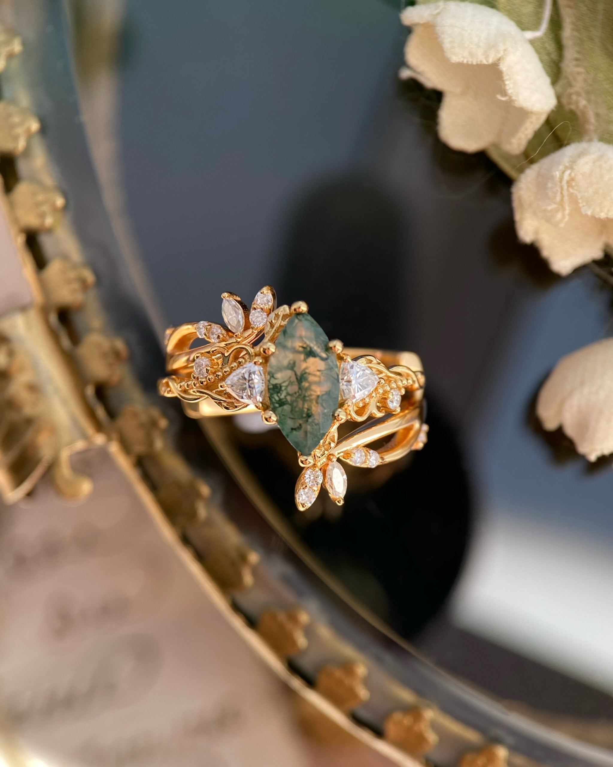 Titania | Unique Handmade Marquise Natural Moss Agate Open Leaf Band Bridal Set