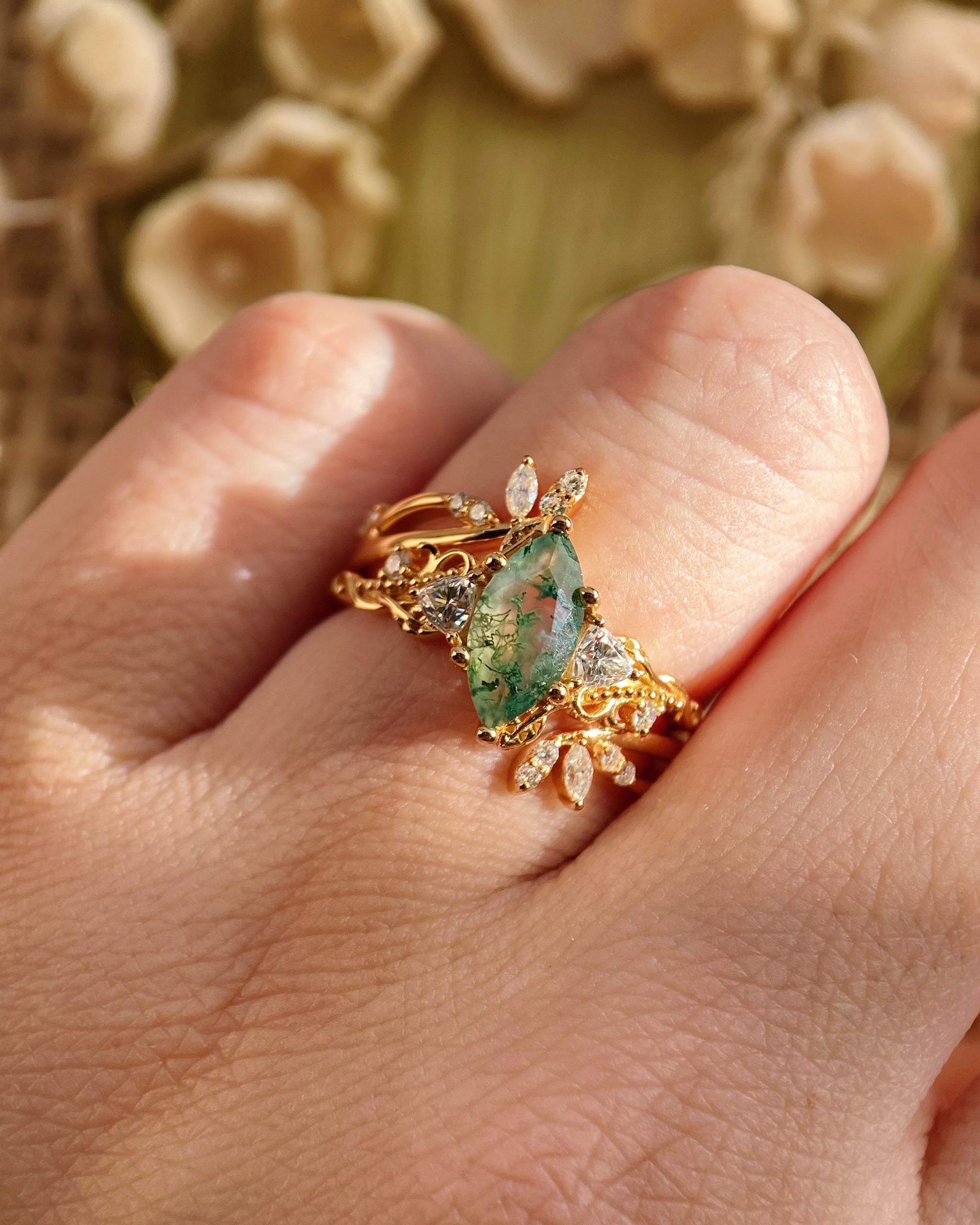 Titania | Unique Handmade Marquise Natural Moss Agate Open Leaf Band Bridal Set